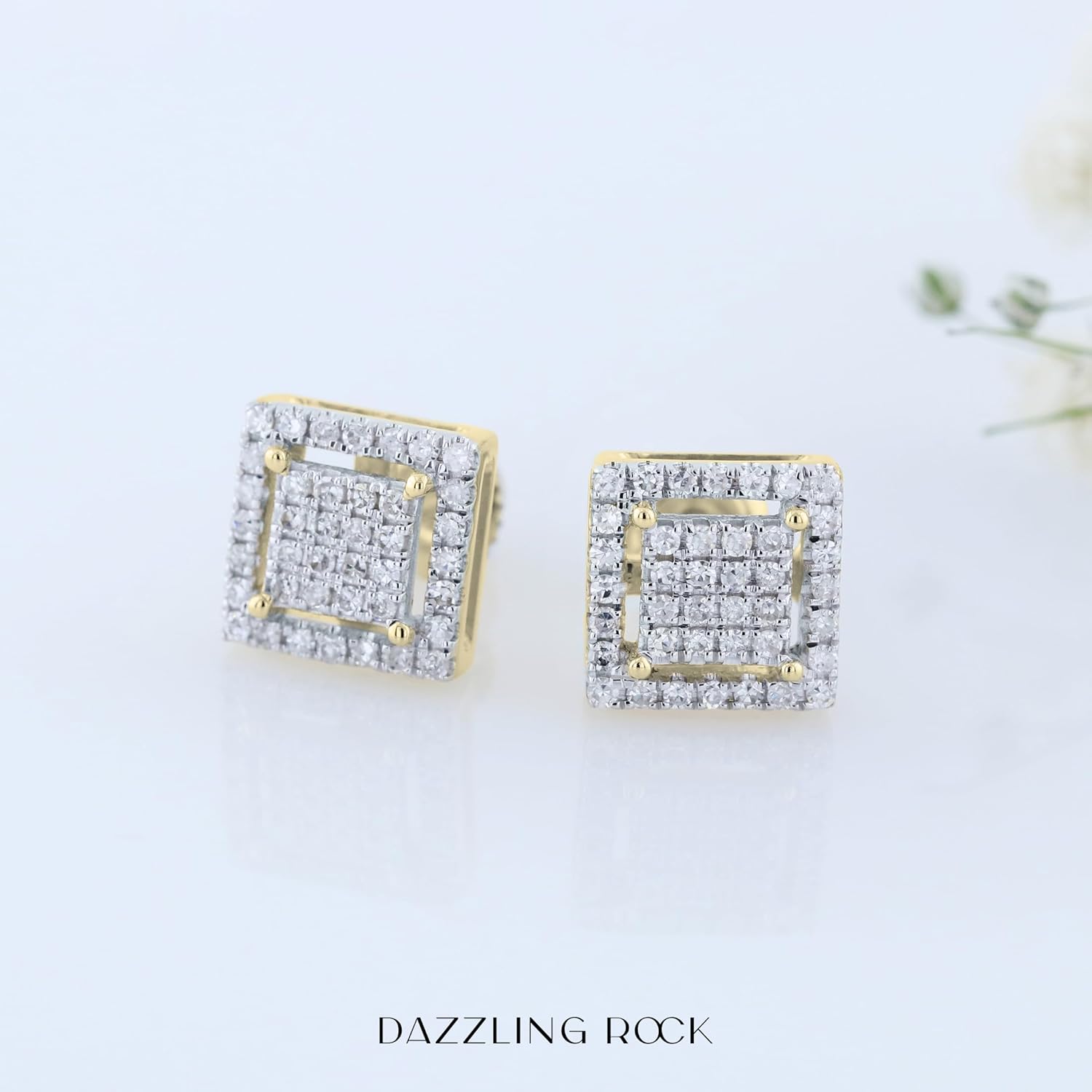 Dazzlingrock Collection 0.32 Ctw Round White Natural Diamond 7.5mm Square Hip Hop Iced Out Studs in 10K Real Solid Gold, Unisex Design Ladies,Mens Real Natural Diamond Earrings - Image 3