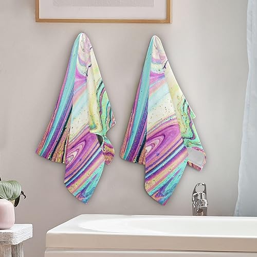Miniatura 3 de Juego de 2 toallas de mano de colores arcoíris para baño, diseño de mármol, fantásticas toallas de cocina iridiscentes abstractas moradas, toallas