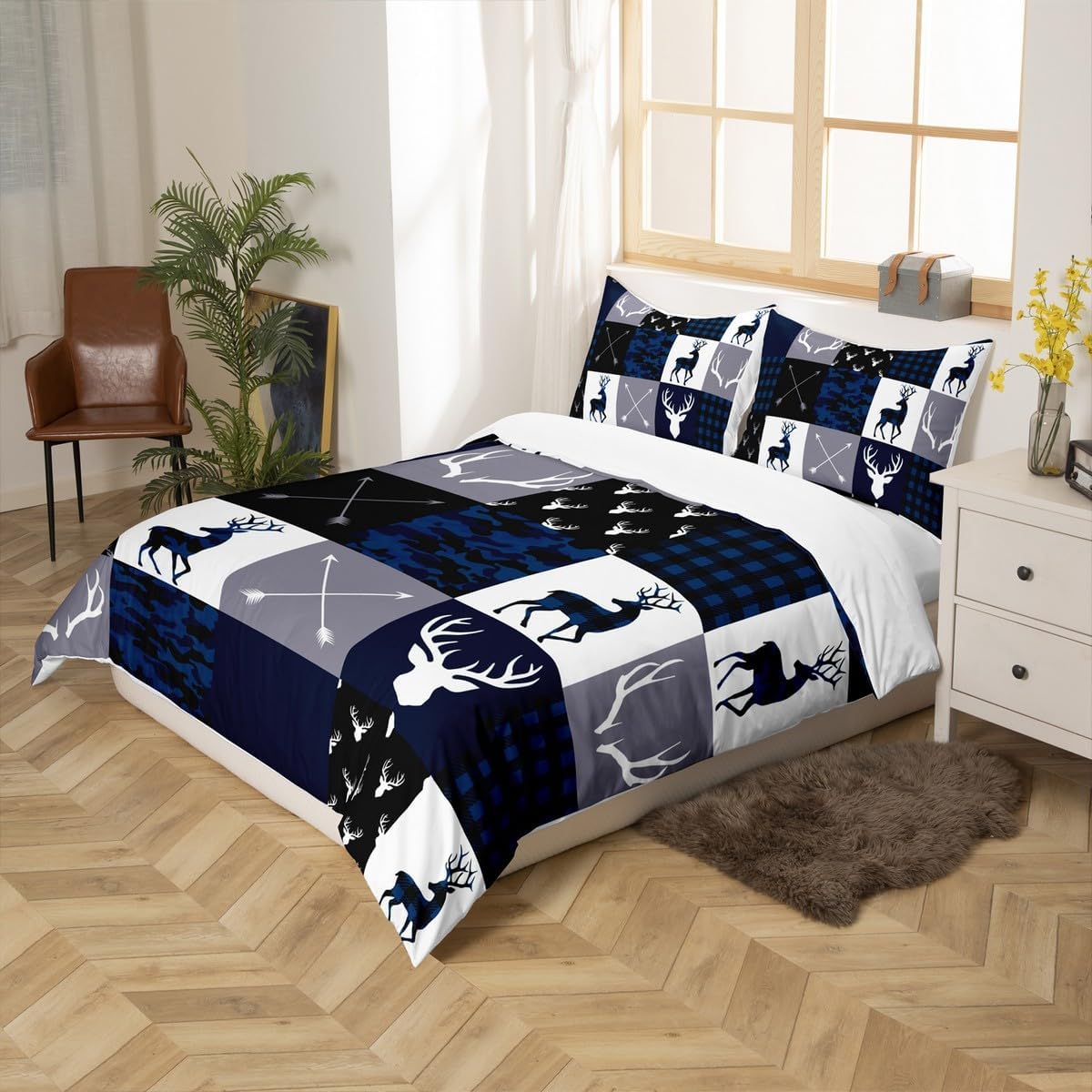 Manfei Camo Deer Antlers Duvet Cover Set Full,Geometric Plaid Patchwork Bedding 3pcs for Kids Teens Girls Boys Room Decor,Boho Arrow Xmas Comforter Cover,Blue Grey Quilt with 2 Pillowcases Camo 05