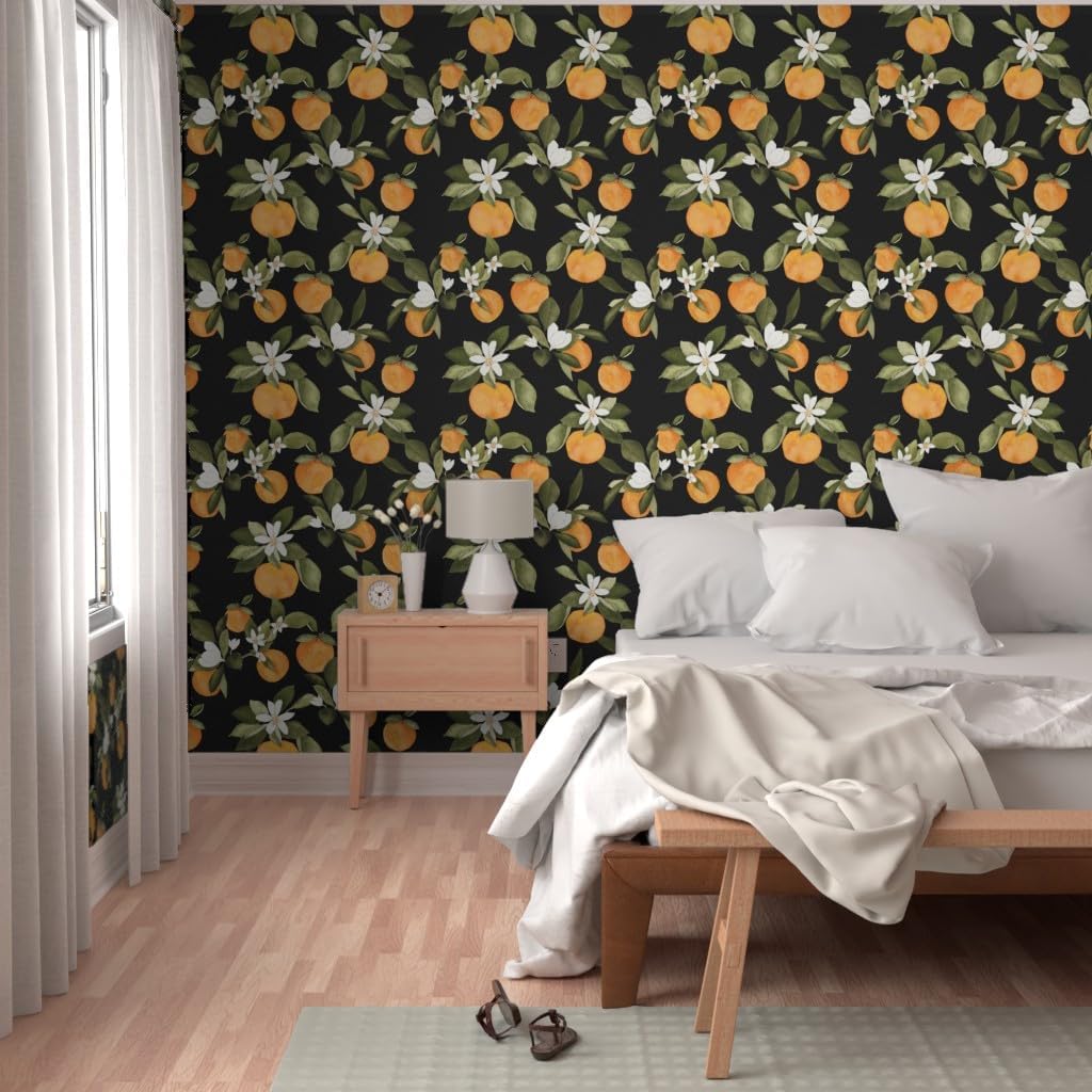 Peel & Stick Wallpaper Swatch - Orange Blossom Dark Oranges Blossoms Fruit Leaves Watercolor Citrus Clementine Custom Removable Wallpaper by Spoonflower