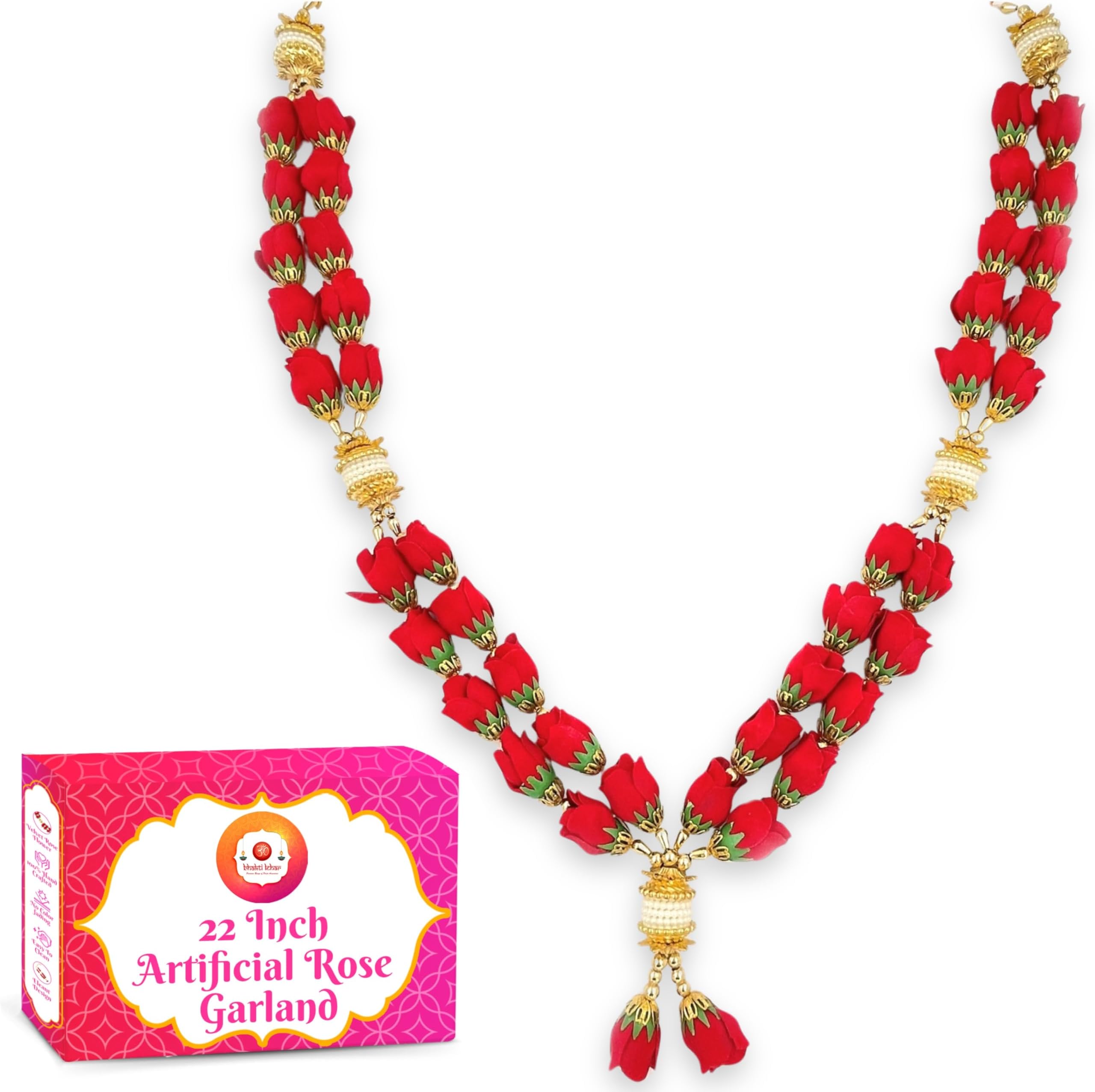 Bhakti Lehar (22 Inch) Artificial Double Layer Velvet Rose Flower Garland for Photo Frame/Hand-Made Gulab Pearl Moti Mala for God Idol Photo and Loved Ones
