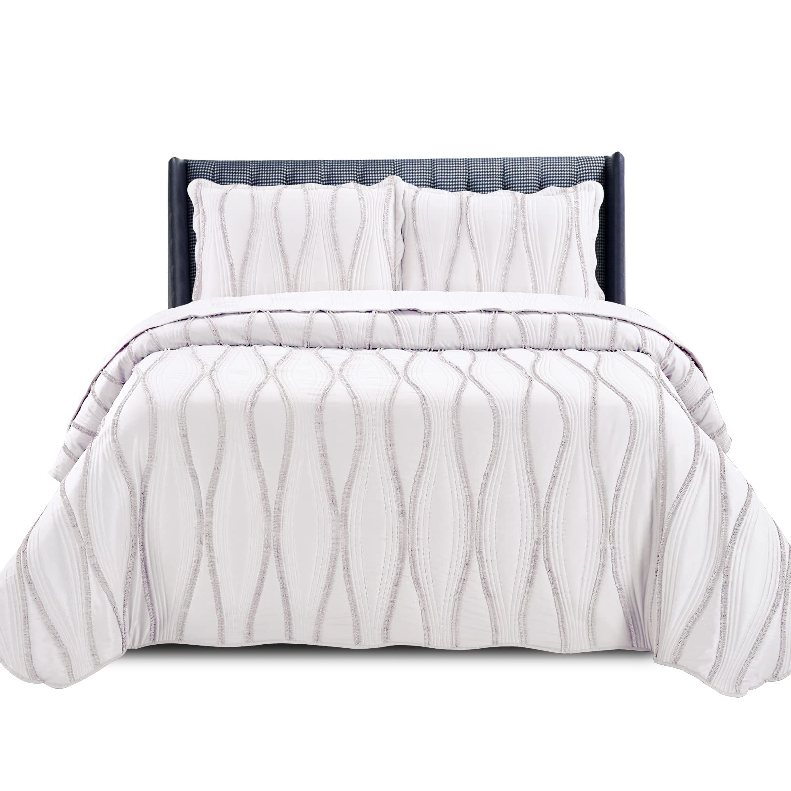 PHP Beautiful Quilted Bedspread Throw Embossed Frilled Pattern Quilt Coverlets Bedspreads Throw Bedding for All Season Comforter Set- White - Double