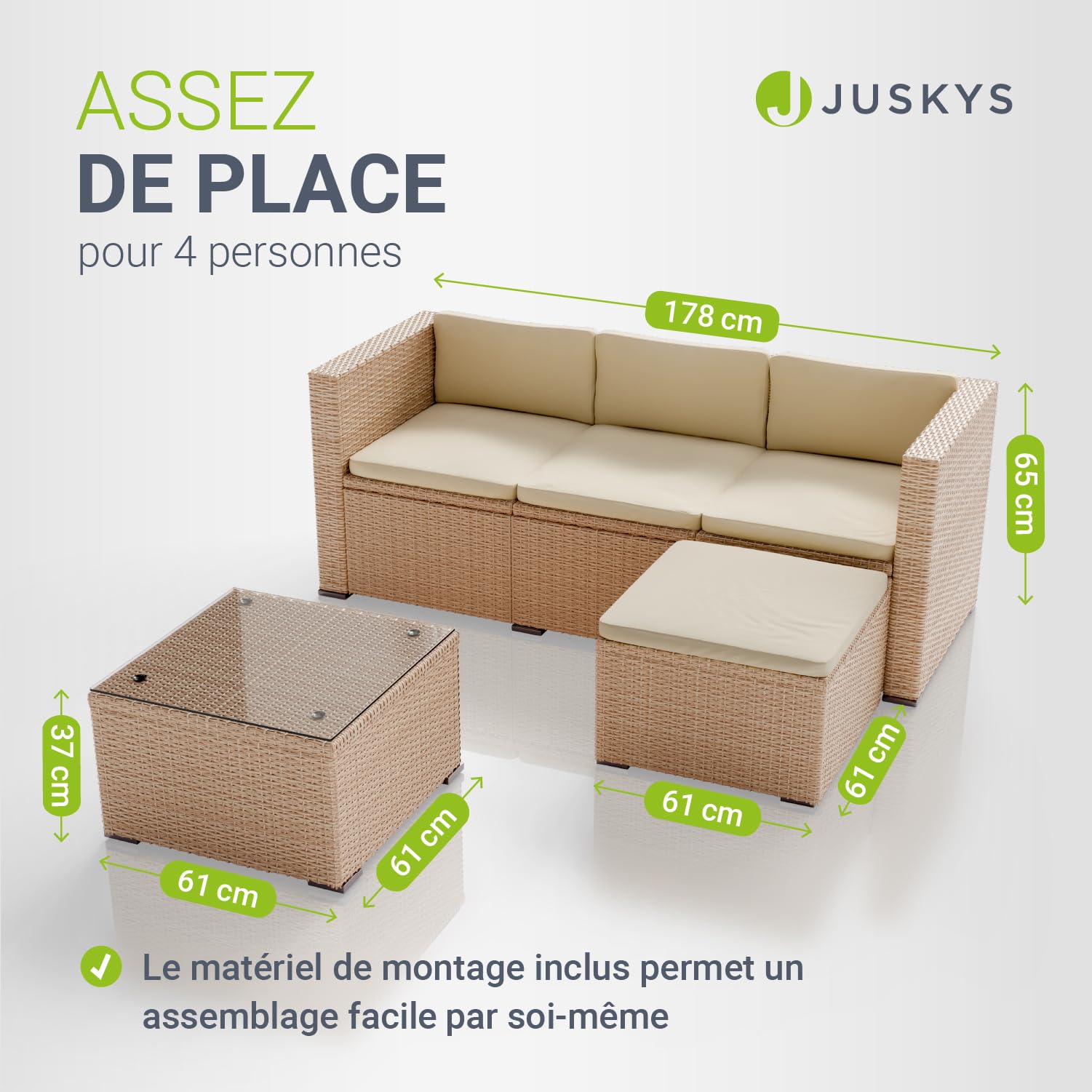 Juskys Salon de Jardin en polyrotin Lounge Punta Cana M, résistant aux intempéries - avec canapé, Tabouret, Table & Coussins - 3-4 Personnes - Crème/Sable