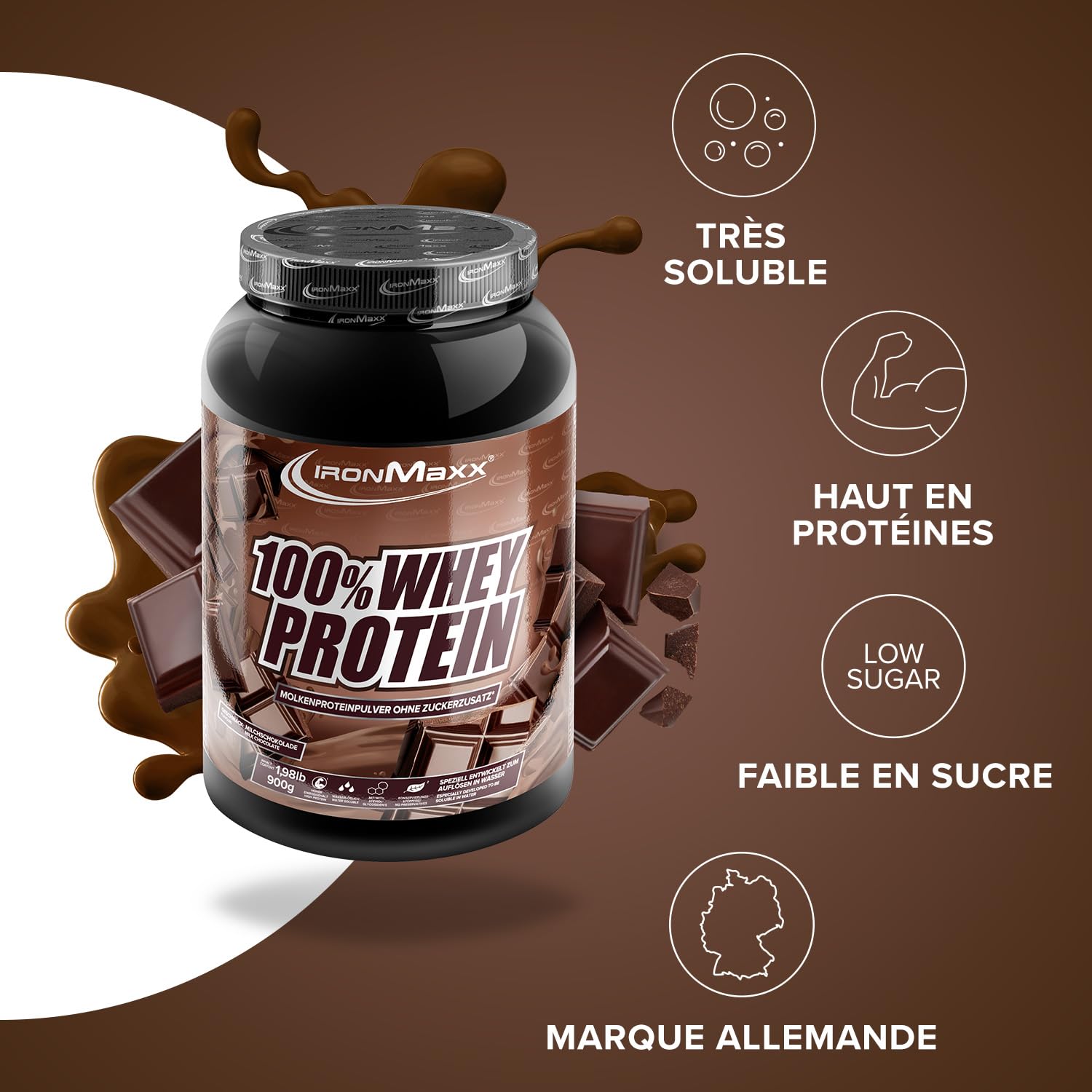 IronMaxx 100% Whey Protein Chocolat au lait – Poudre de protéines de lactosérum hydrosoluble | Riche en protéines | Contient naturellement des BCAA | Faible en sucre | Proteine Whey - 900 grammes