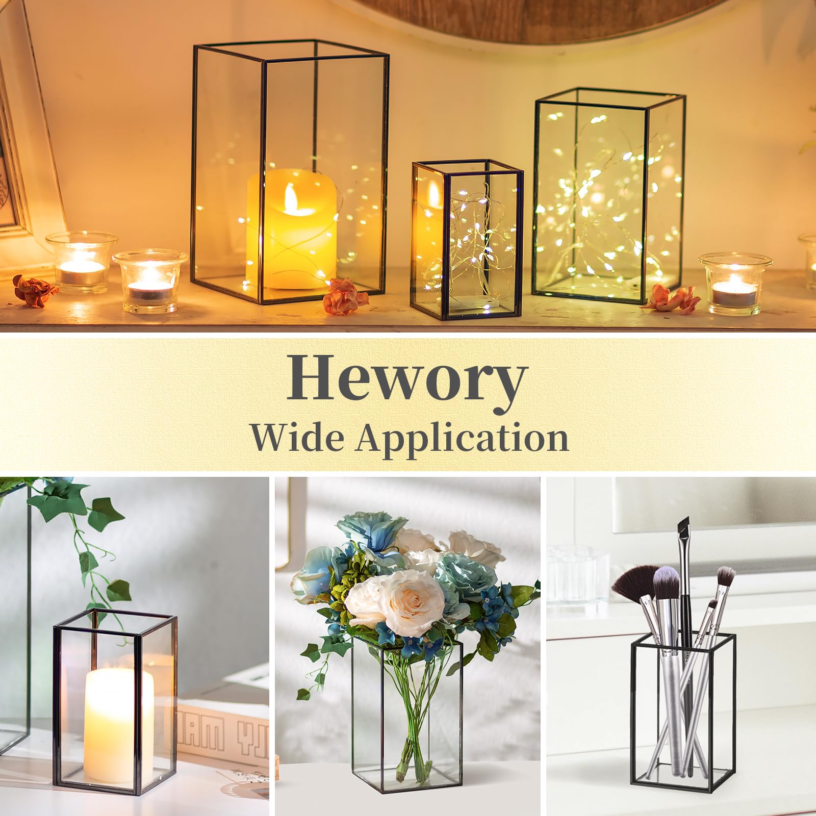 Hewory - Portavelas de cristal grande – 6 piezas rectangulares negras para mesa, farol cuadrado de piso alto para boda, aniversario, fiesta, chimenea, comedor