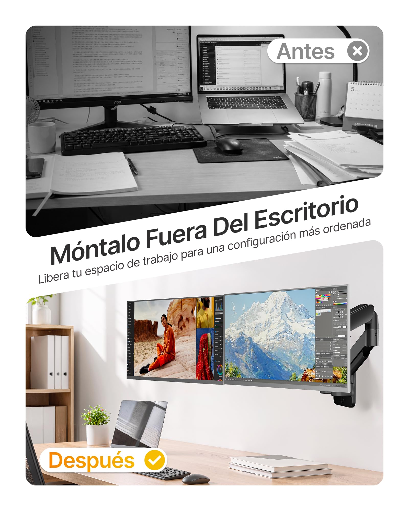 monTEK Soporte de pared para 2 monitores de 17 a 32 pulgadas hasta 9 kg | Giratorio, inclinable y giratorio, altura regulable, VESA 75 x 75/100 x 100