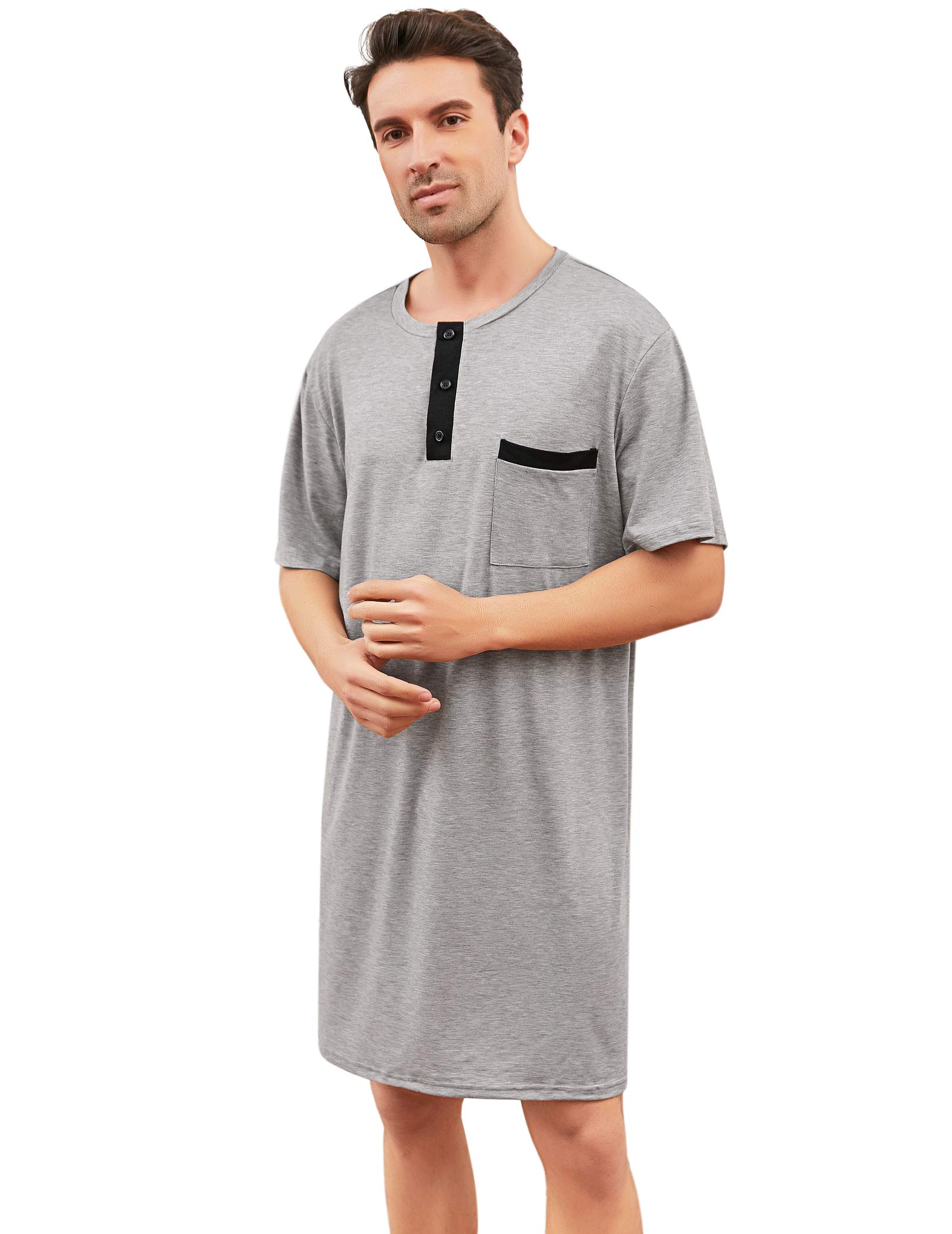 Enjoyoself Herren Baumwolle Pyjama Tops Weich Atmungsaktiv Nachthemd Knielang Nachtshirts Kurzarm Nachtwäsche Lounge Wear