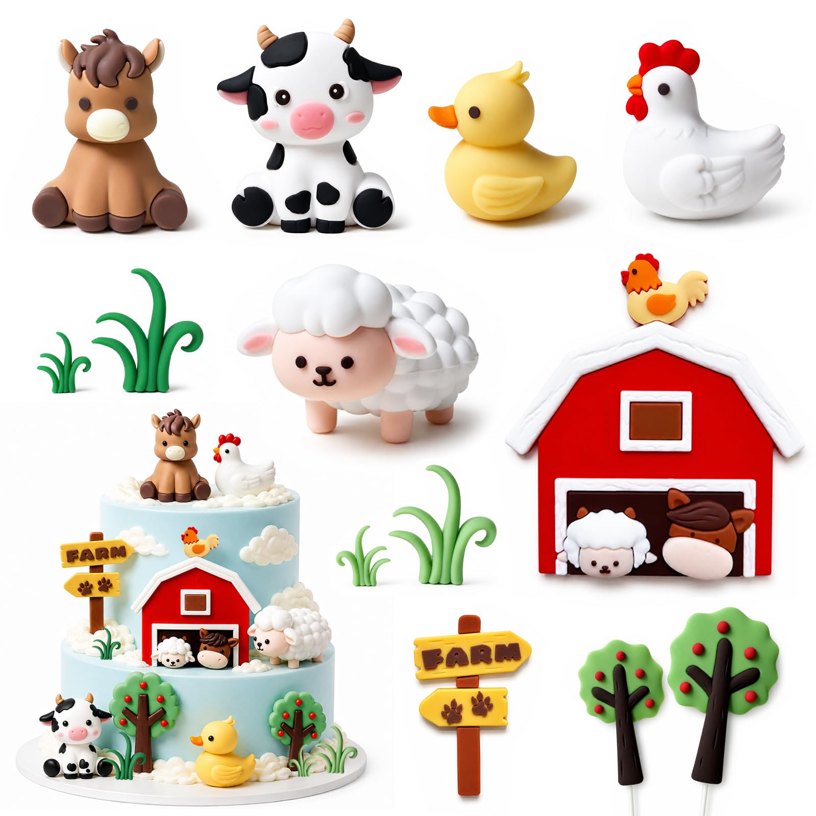 13Pcs Farm Animal Cake Decorations, 3D Cute Farm Cake Decorations