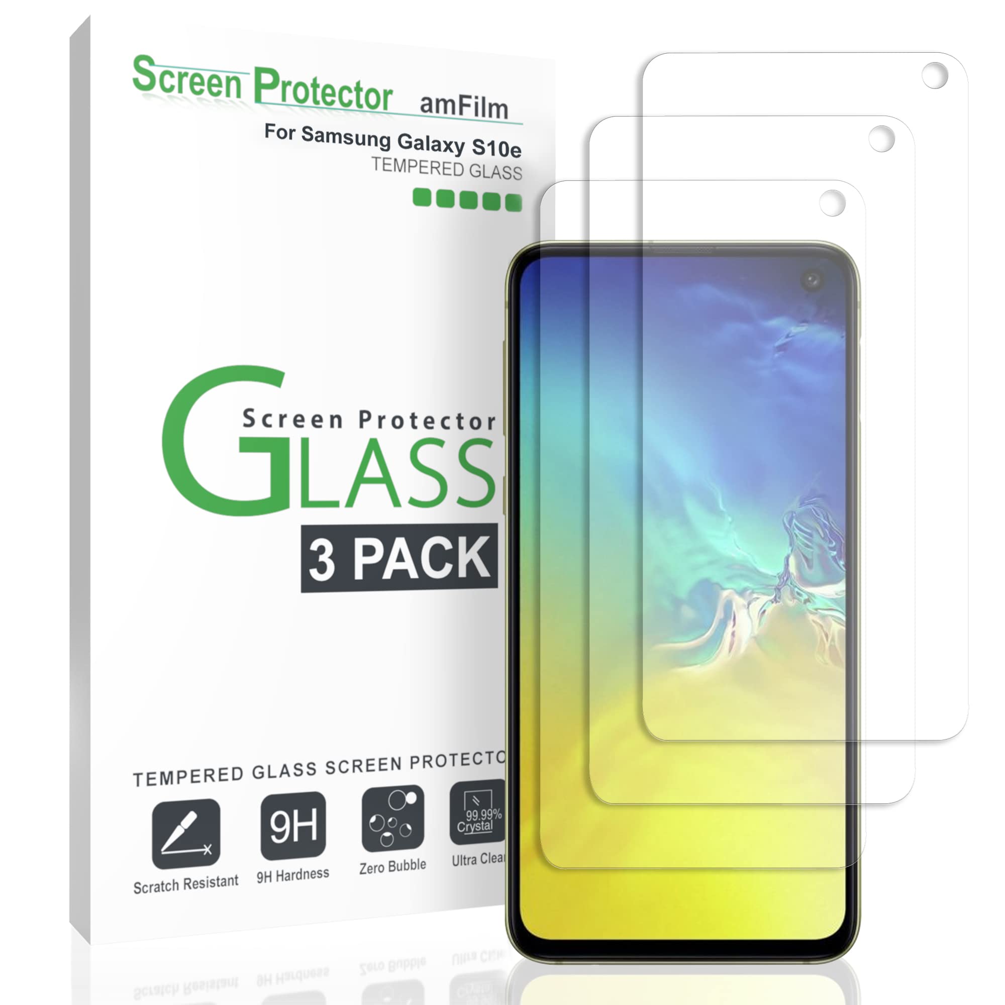 amFilm Glass Screen Protector for Galaxy S10e (3 Pack) 0.2mm Tempered Glass with Easy Installation Tray