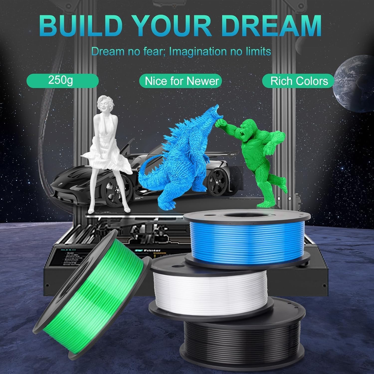 PLA 3D Printing Filament 1.75mm, 250g×4 Spools, PLA Filament Bundle 4 Colors, 1Kg in Total, 3D Printer Filament Dimensional Accuracy +/- 0.02mm, No Clogging&Bubble, Fit for Most FDM Printer