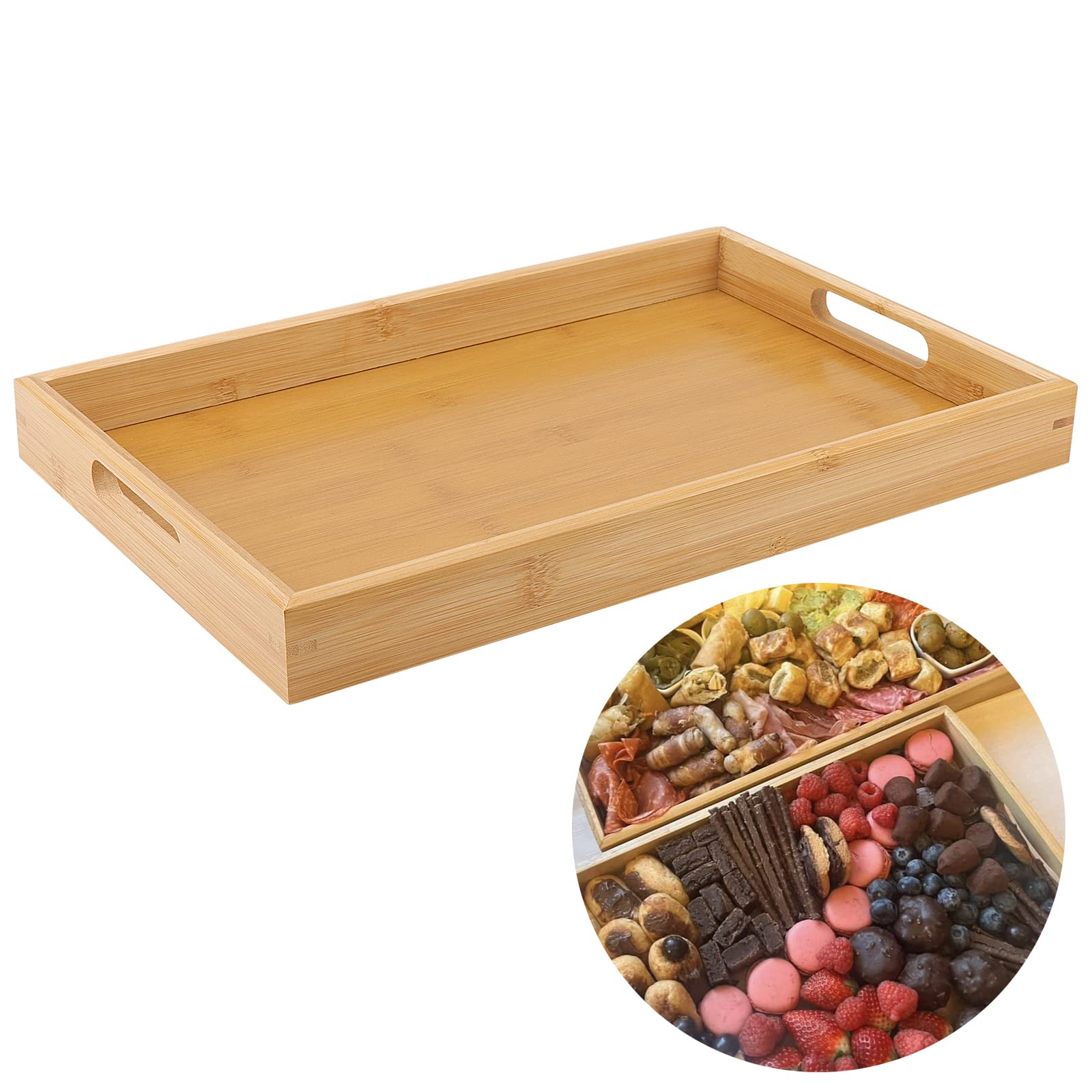 ZOENHOU 2 Pack Large Bamboo Tray with Handles, 41 x 29 x 4cm, 38 x 25 x 4cm, Rectangular Wooden Serving Tray - Image 3