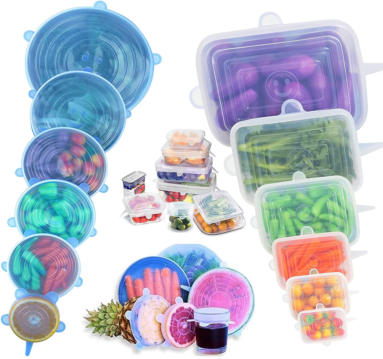 12 Pack Silicone Stretch Lids, Reusable Silicone Food Covers BPA Free and Expandable to Fit Various Shape of Containers, Dishes, Bowls, Safe in Dishwasher, Microwave and Freezer