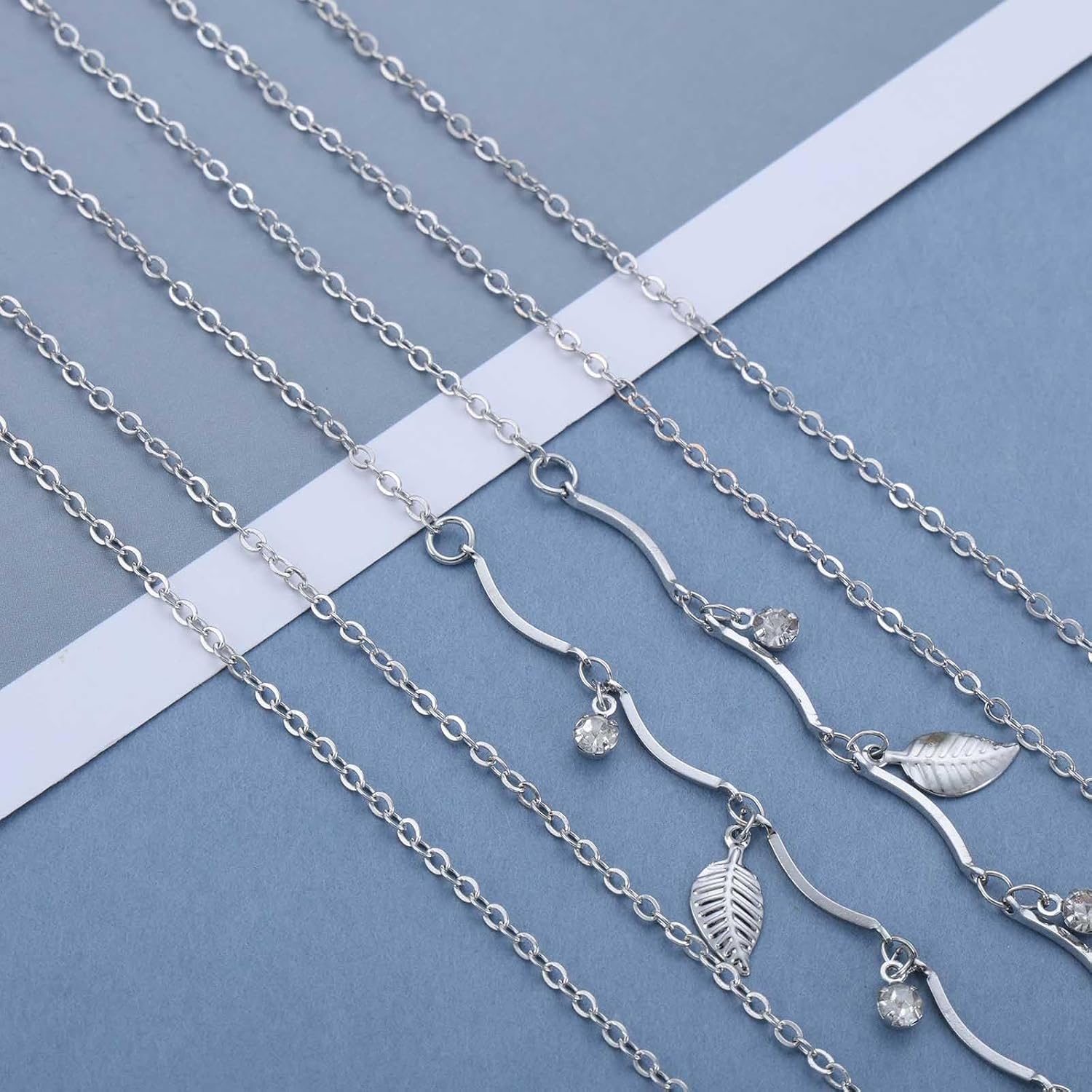 Boho Layered Triangle Necklace Vintage Leaf Dangle Necklace Silver Crystal Dangle Choker Double Triangle Collar Chain for Women - Image 5