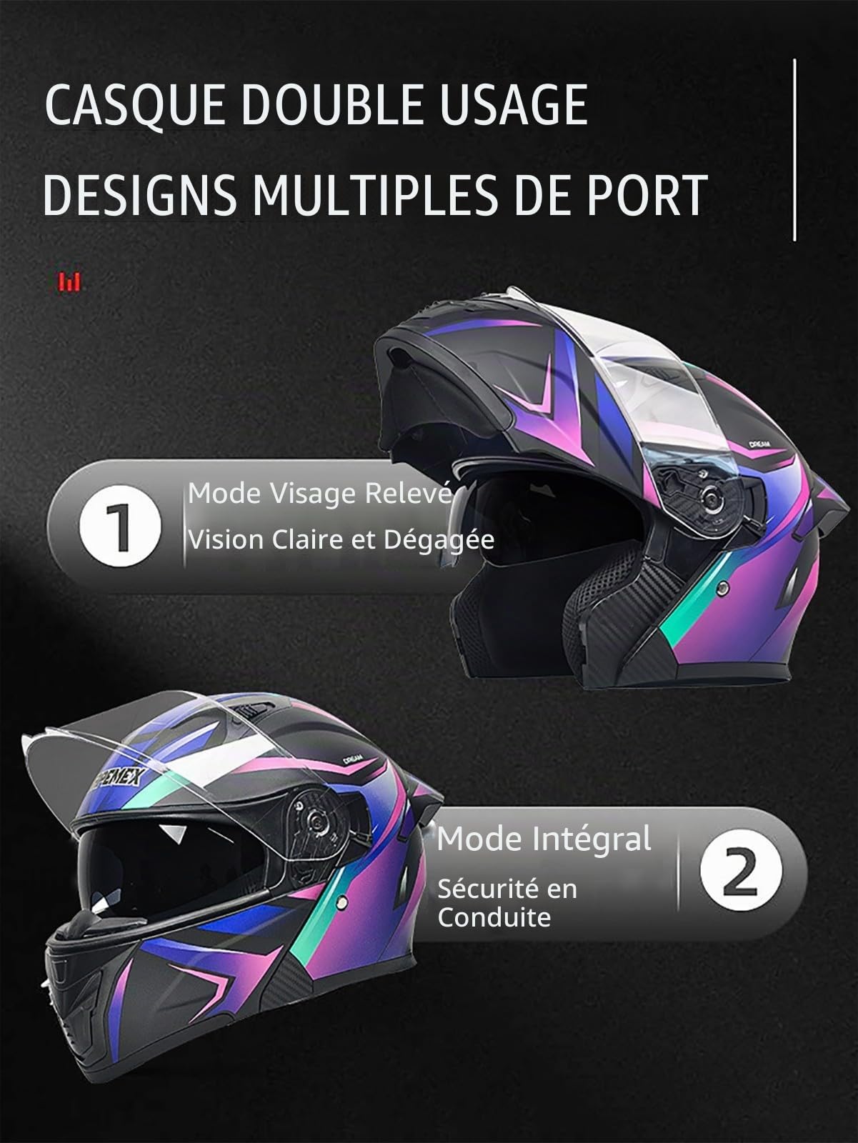 Casque Modulable Moto Bluetooth, avec Feu Arrière LED, Casque À Rabat pour Adultes avec Double Visière, Casque Homologué ECE, Adultes Hommes Femmes Cyclomoteur Anti-Collision