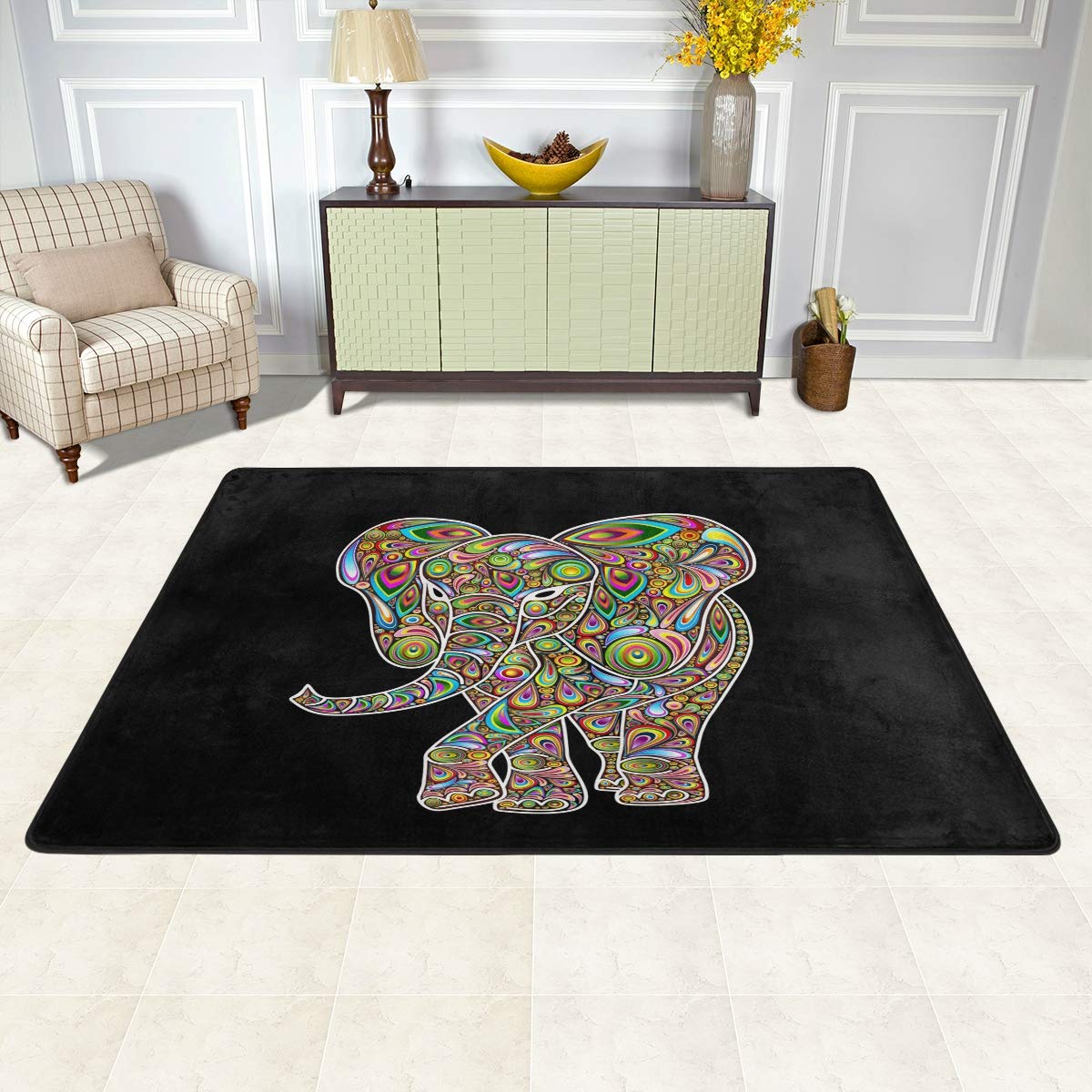 Mnsruu Tapis Ethnique éléphant psychédélique pour Salon Chambre à Coucher Noir, Tissu, Multicolore, 183cm x 122cm(6 x 4 Feet)