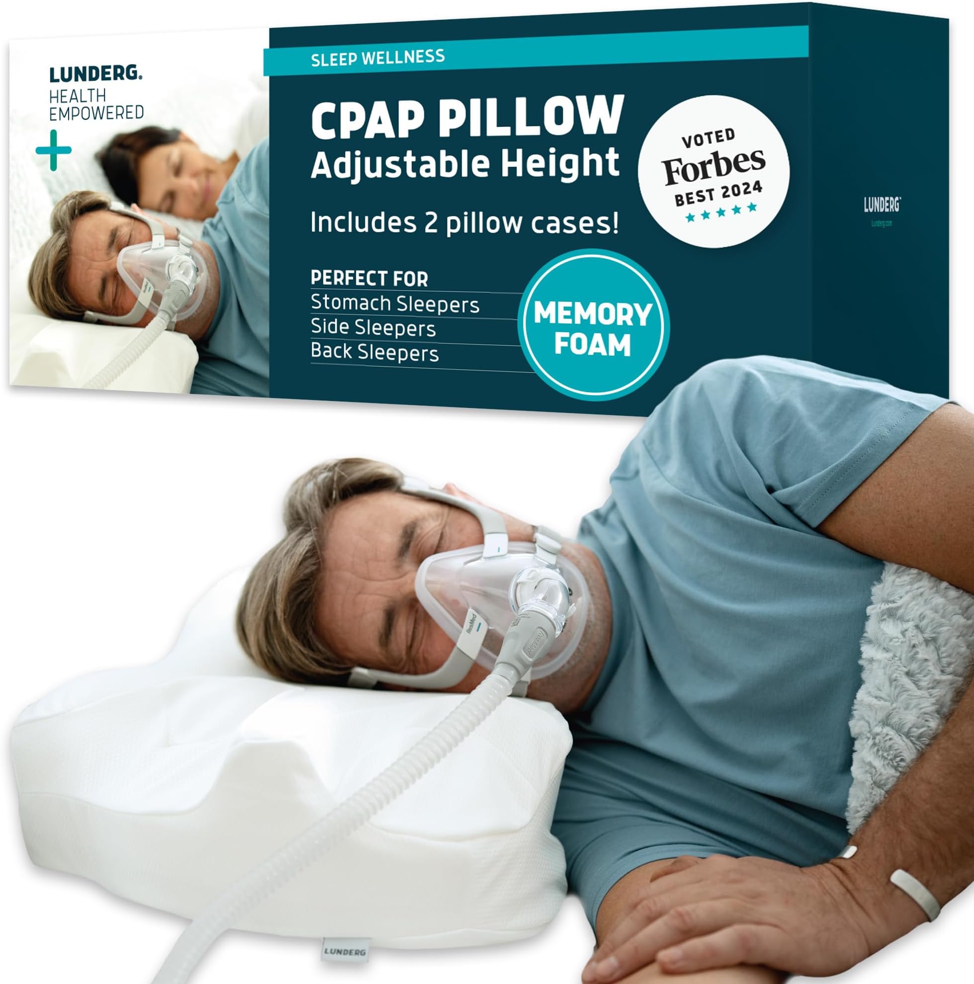 Lunderg CPAP Pillow for Side & Back Sleepers - Memory Foam with Adjustable Height - 2 Pillowcases Included (Machine Washable) - Reduce Air Leaks & Mask Pressure for Better Sleep - Works with ALL Masks