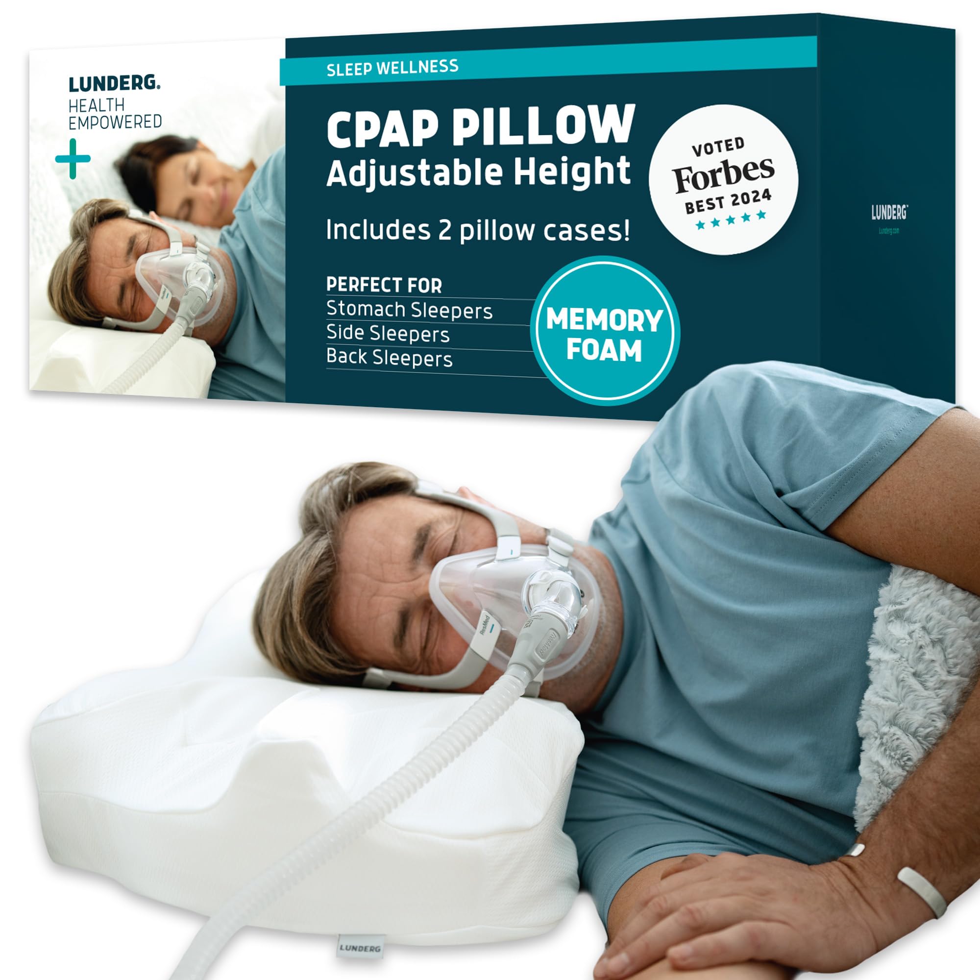 Lunderg CPAP Pillow for Side & Back Sleepers - Memory Foam with Adjustable Height - 2 Pillowcases Included (Machine Washable) - Reduce Air Leaks & Mask Pressure for Better Sleep - Works with ALL Masks