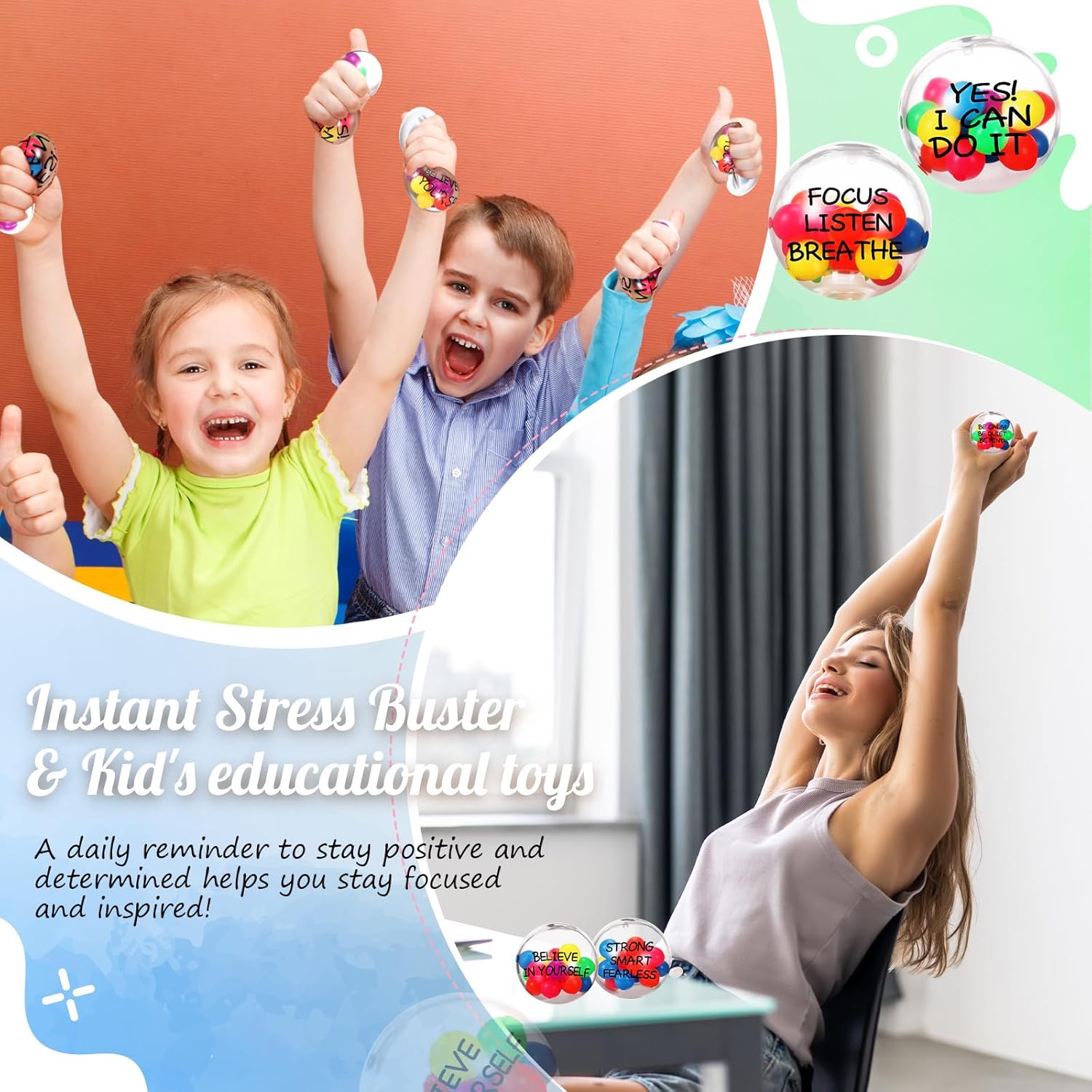 Shappy 36 Pcs Inspirational Stress Relief Balls Motivational Stress Ball Encouraging Color Sensory Toy Bulk Squeeze Balls for Adults Small Therapy Toys for Gifts Fidget Anxiety, 2.36 Inch