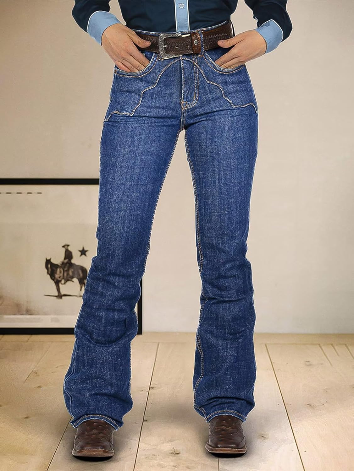 Flamingals High Waist Bootcut Jeans for Women Vintage Stitch Detail Casual Skinny Denim Pants Without Belt - Image 4