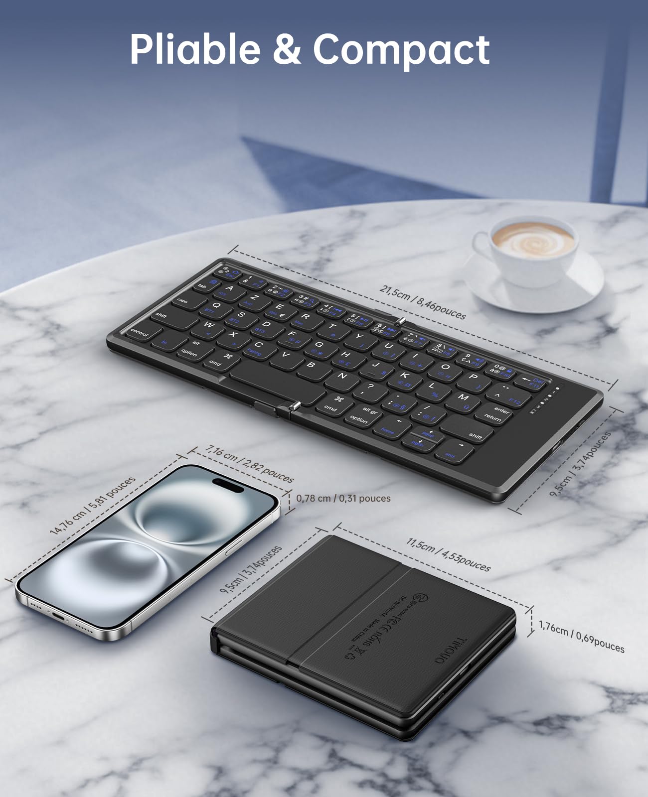 TiMOVO Teclado Bluetooth AZERTY para Windows iOS Android Mac, Negro | Mini Teclado Inalámbrico Plegable de Viaje, Diseño Portátil Recargable para iPad, iPhone, Tablet, Smartphone y PC