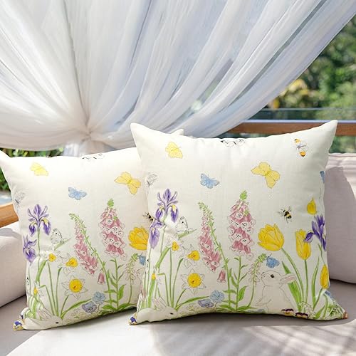Miniatura 6 de Faylapa Paquete de 2 fundas de almohada de tulipanes de primavera, 18 x 18 pulgadas, fundas de almohada decorativas con tulipanes bordados, fundas
