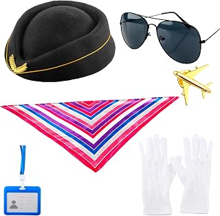 6 Pcs Women Flight Attendant Costume Accessories Stewardess Cosplay Outfit Props Stewardess Bellhop Hat Scarf Gloves Sunglasses for Women Halloween Party Daily Role Play