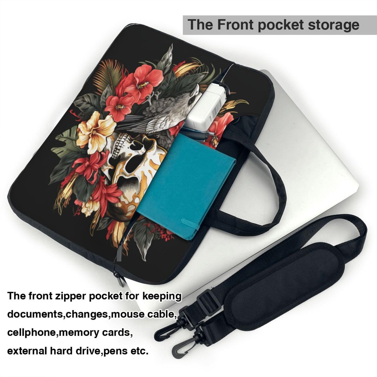 Funda para portátil de 13/14/15.6 pulgadas, diseño de calaveras humanas, flores tropicales exóticas, para mujeres y hombres, ligera, resistente al agua, para ordenador o tableta, bolso de