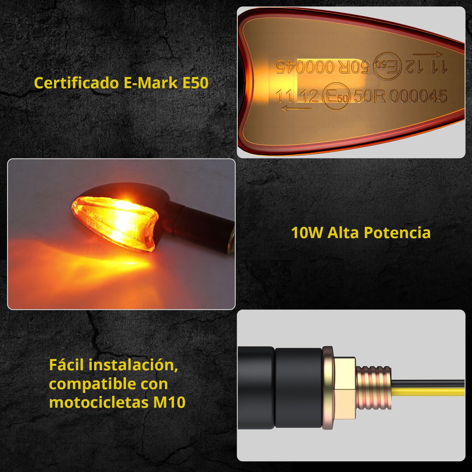 PROZOR 4PCS Intermitentes Moto Universal Homologadas ECE R50 Luces de Señal de Giro Impermeable IP65 Bombilla de Alta Potencia10W Indicador de Señal de Giro Ámbar para M10 Motocicleta Moto 12V