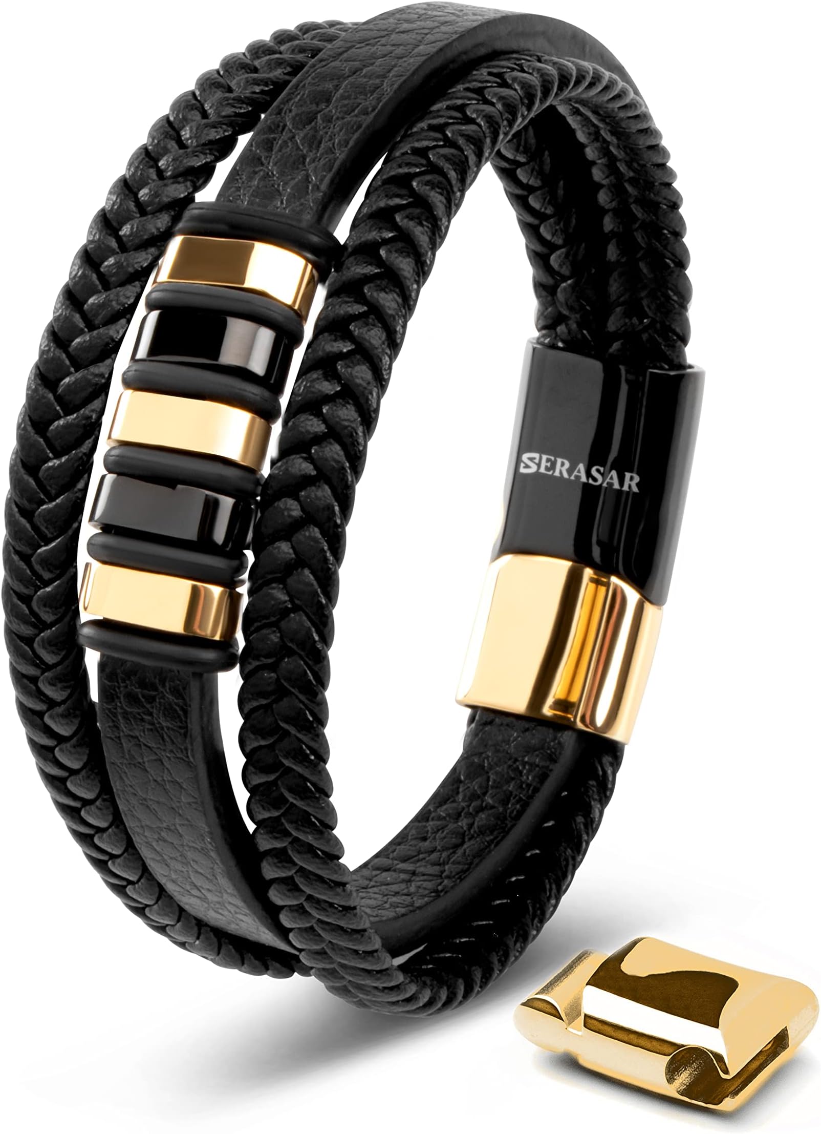 | Men's Premium Genuine Leather Bracelet [Glory] in Black | Magnetic Stainless Steel Clasp in Silver and Gold | Exclusive Jewellery Box | Great Gift Idea