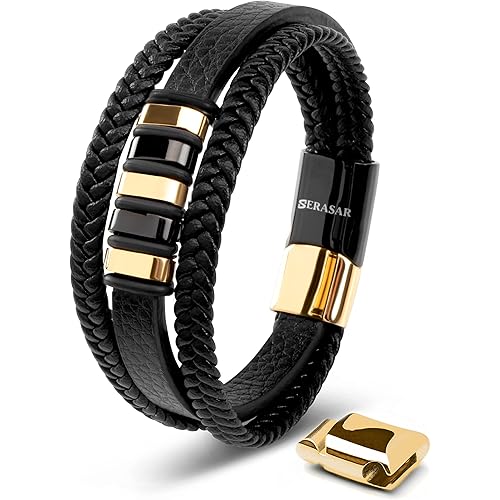 SERASAR | Premium Genuine Leather Bracelet [Glory] for Men in Black | Magnetic Stainless Steel Clasp in Silver and Gold | Exclusive Jewelry Box | Great Gift Idea
