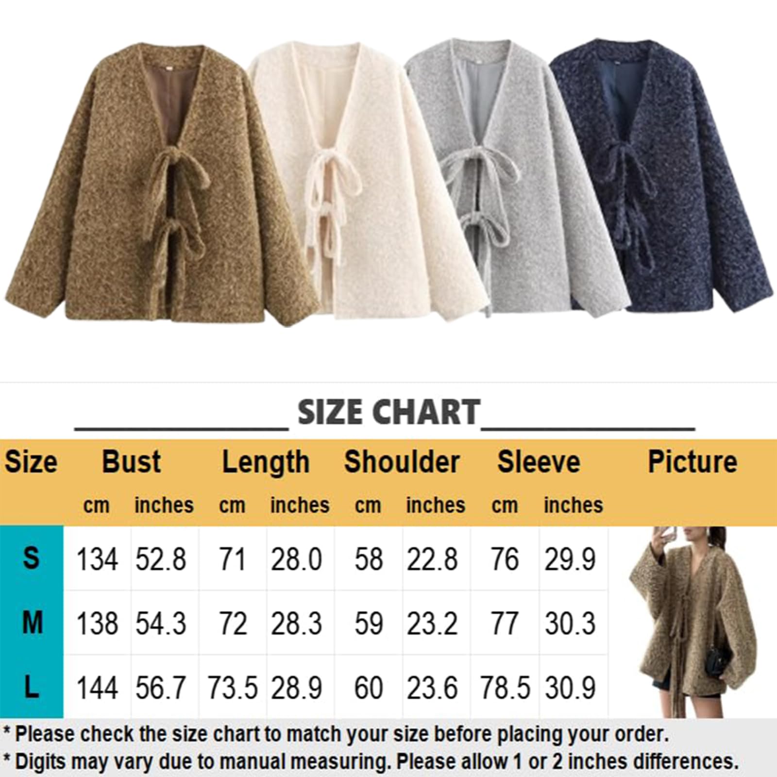 LXURY Chaqueta tipo cárdigan afelpada para mujer, abrigo cálido de gran tamaño con lazo y cuello en V, ropa de abrigo informal holgada de manga larga para otoño e invierno