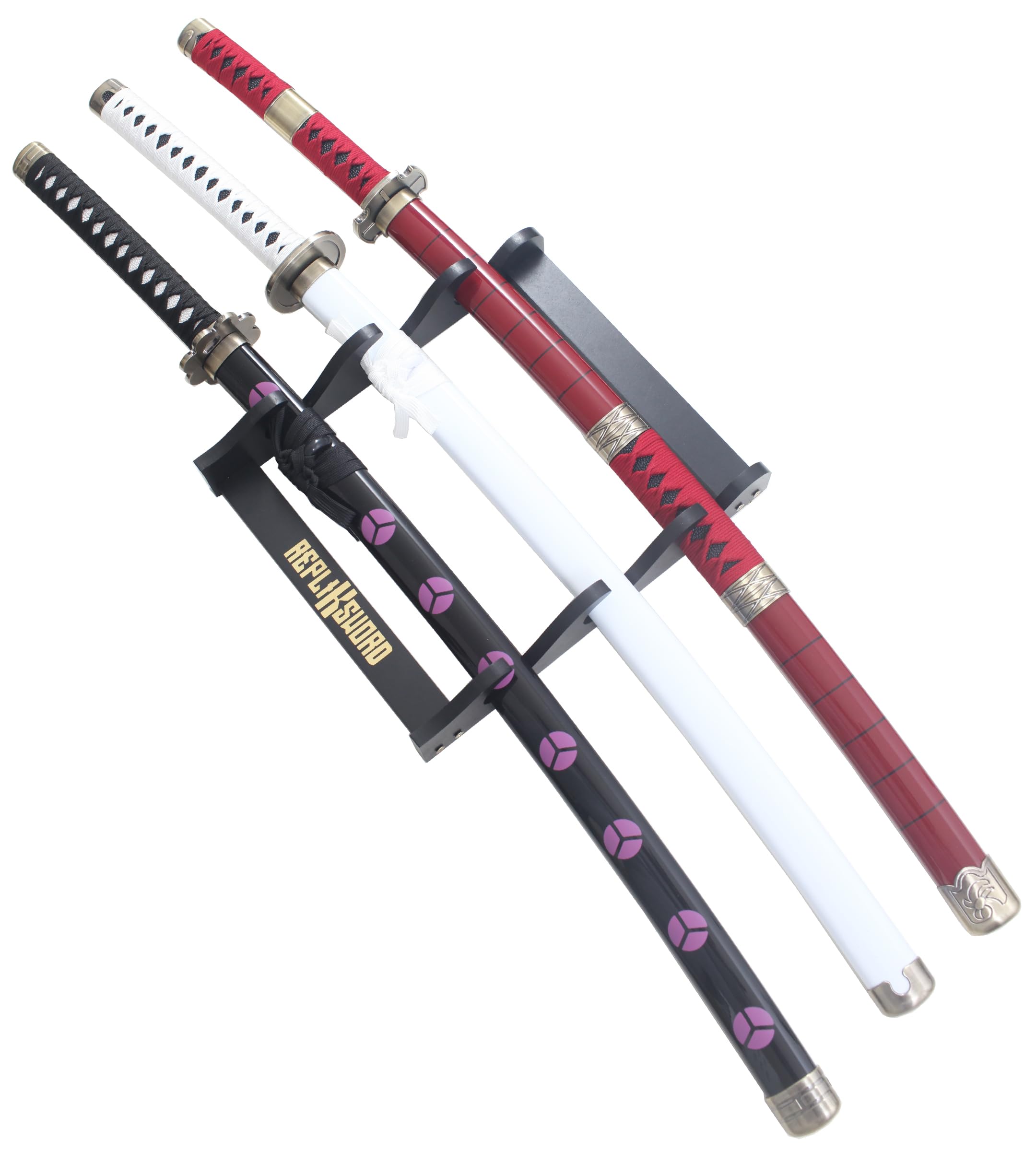 Sabres One Piece Katana en Bois Lame Epee Zoro Pack 3 + Presentoir