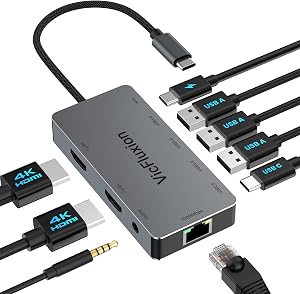 9-in-1 USB C Docking Station with Dual 4K HDMI, 1RJ45, 3 USB 3.0, 1 USB2.0, 1 100W PD, 1 * 3.5mm Audio,USB-C Dongle for MacBook, Dell, HP, Lenovo, Surface
