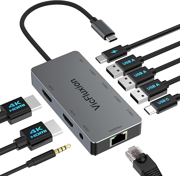 USB C Docking Station Dual Monitor, 9-in-1 USB Hub with 2 HDMI 4K@60HZ, 1×1000Mbps Ethernet, 3× USB 3.0, 1× Type C, 1× PD Charging, 1×3.5mm Audio, Dock for Laptop/Computer/Tablets/Windows - 1
