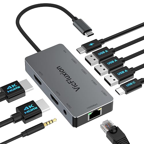 Docking Station Dual Monitor, USB C Hub Multiple Port Adapter with 2 HDMI | 4K@60Hz, Gigabit Ethernet, 3 USB 3.0, USB C, PD 100W, 3.5mm Audio, USB C Docking Station for Laptop/Computer