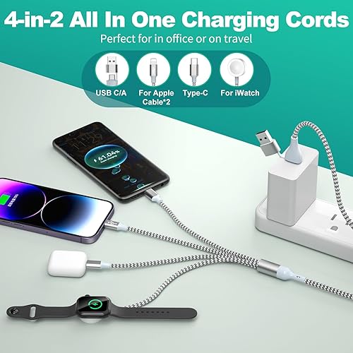 Miniatura 3 de Cable de carga 4 en 2 para reloj y teléfono, actualizado para Apple Watch, cargador USB AC, cable de carga múltiple inalámbrico trenzado de nailon