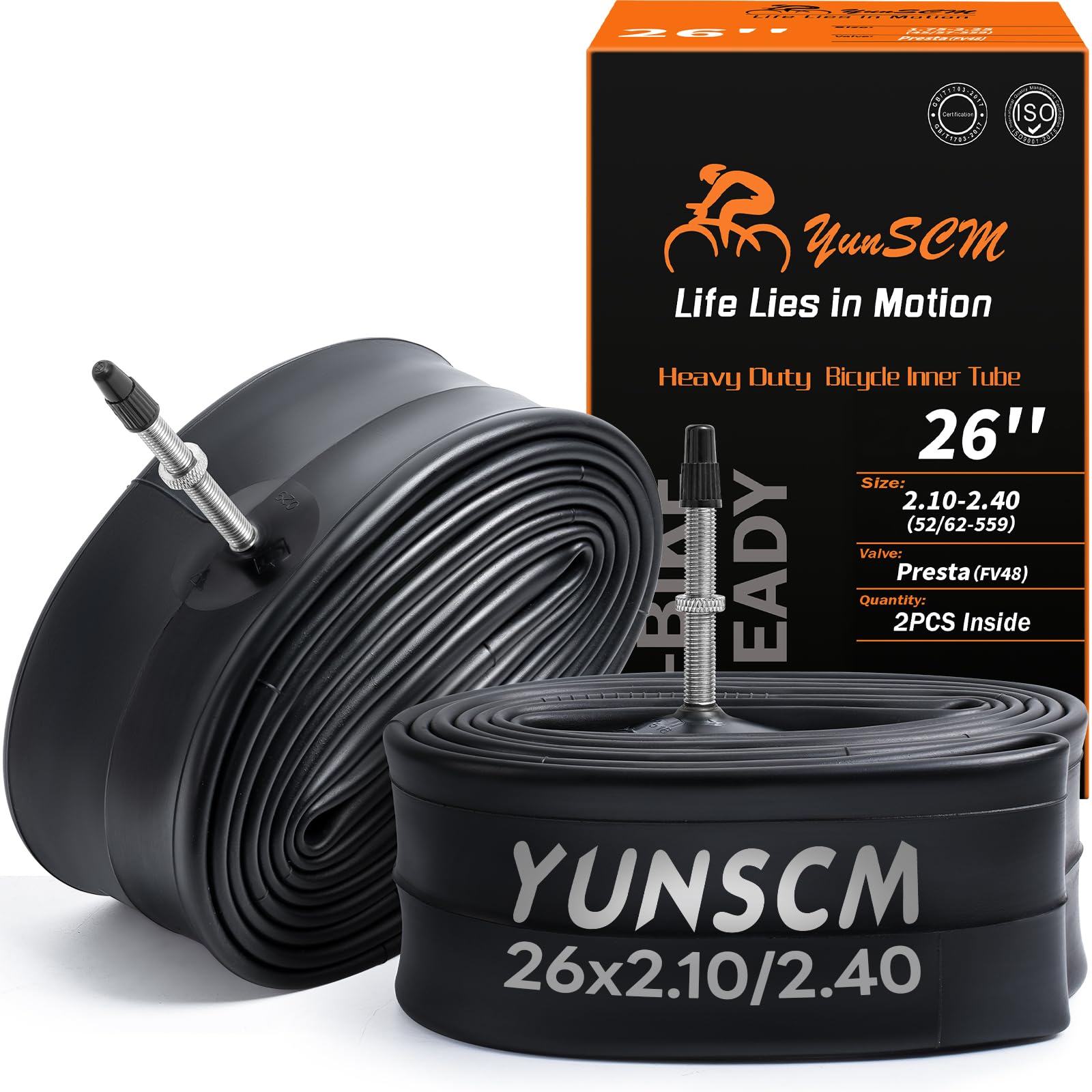 YunSCM 2-PCS 26" Heavy Duty Bikes Inner Tubes 26x2.10 26x2.125 26x2.20 26x2.25 26x2.30 26x2.35 26x2.40 52/62-559 FV48mm Presta Valve Compatible with 26x2.10/2.40 Road/MTB Bike Tyre Tube