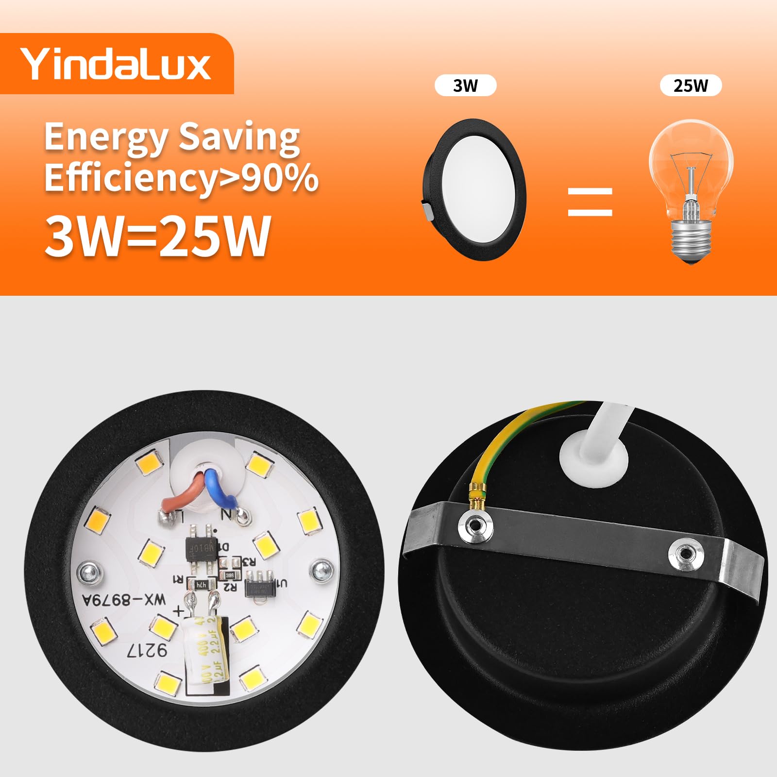 YindaLux Set di 6 Faretti LED da Incasso per Cartongesso 230V 3W 3000K Caldo, 15mm Ultra Piatti Faretti da Incasso 300LM Apertura Soffitto 55-58mm, IP44 Faretti LED Soffitto Incasso, Nero