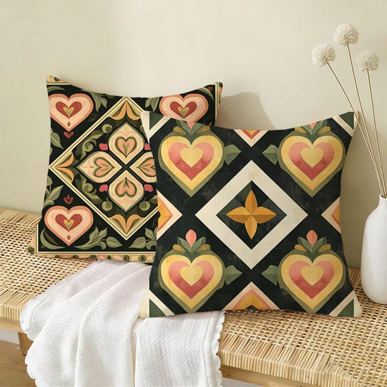 Juego de 2 Funda Cojin 80x80cm Verde, Cuadrada Impermeable Fundas Cojines Bohemia Lino Impresión a Doble Cara con Cremallera Oculta, Apto para Todas las Estaciones Funda Almohada para Sofá Salón X-271