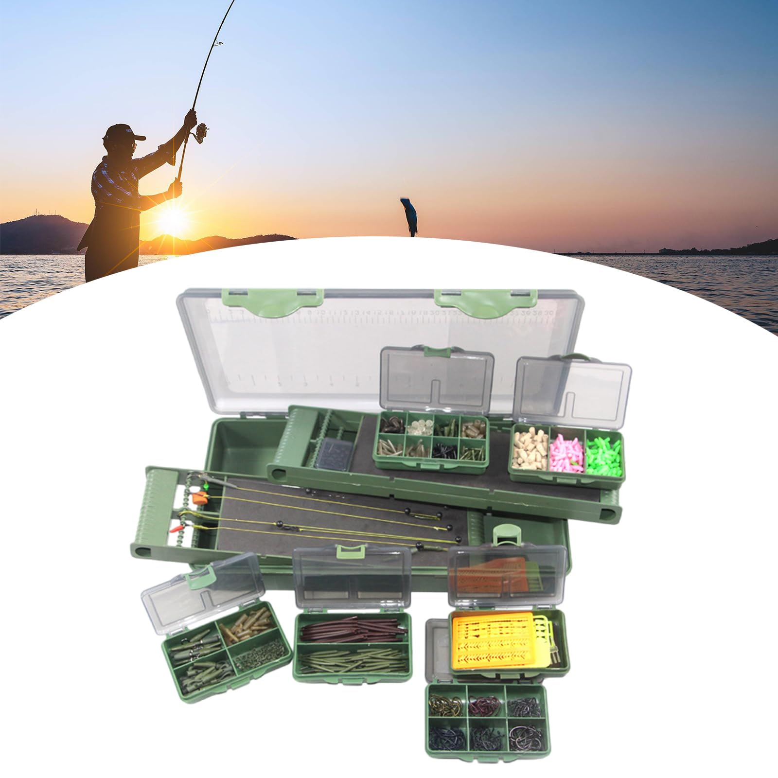 Caja de aparejos de pesca, caja de almacenamiento con múltiples compartimentos con tapa transparente, señuelos de pesca, anzuelos, contenedor para pescadores