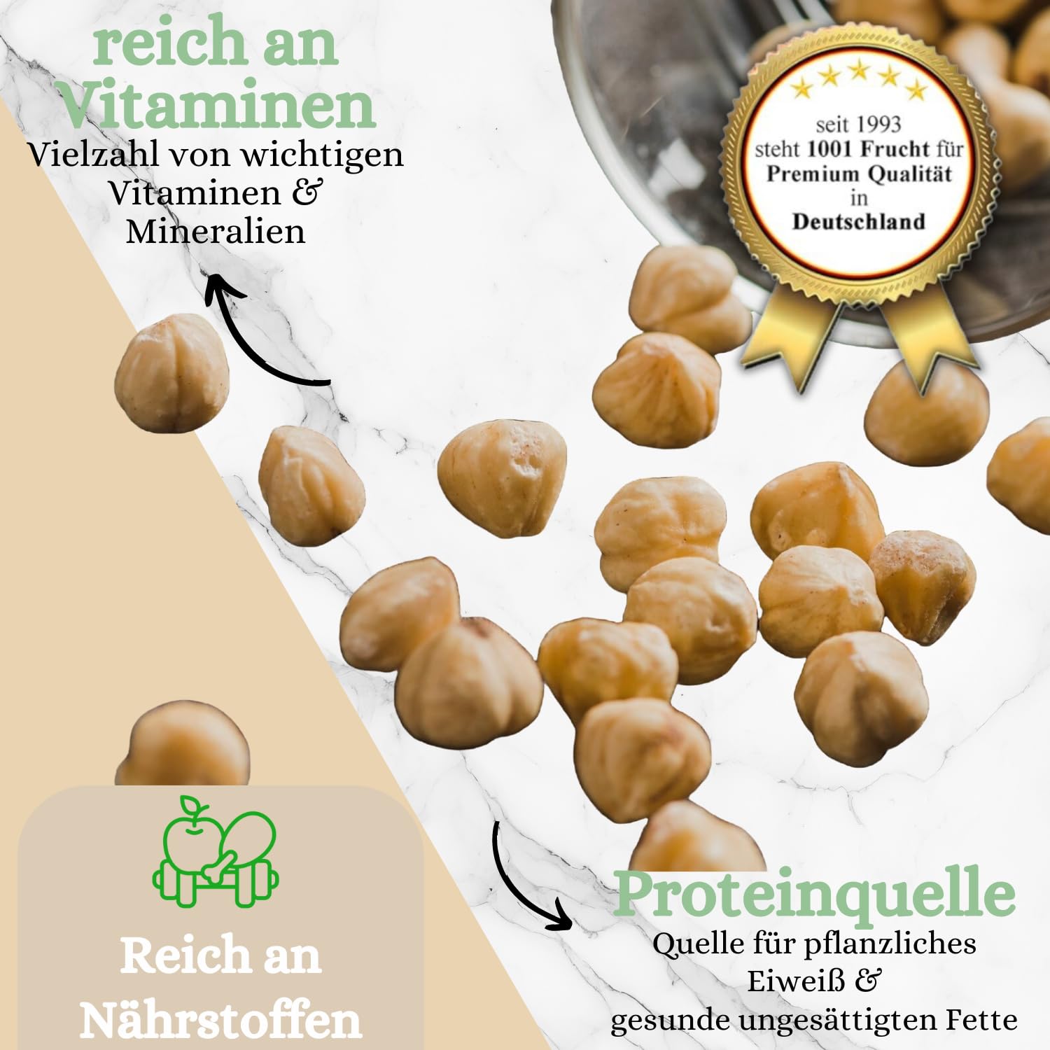 1001 Frucht - Haselnusskerne blanchiert 1000 g naturbelassen, Neue Ernte 2025, Unbehandelte gesunde Nüsse aus Italien - ganze Haselnüsse ohne Schale gentechnikfrei, Aromatische blanchierte Haselnuss