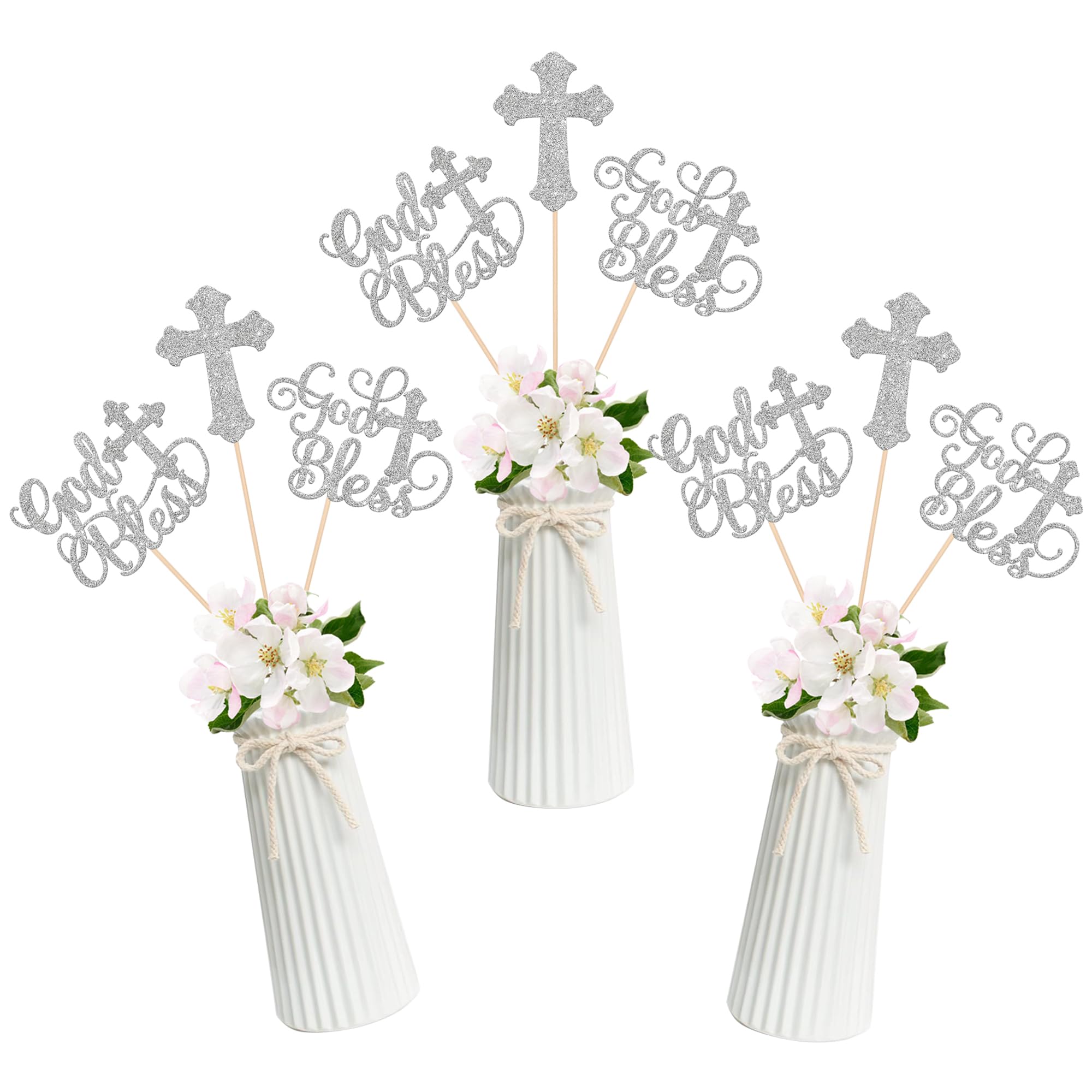 15 Pack God Bless Centerpiece Sticks, Baptism Party Decorations, First Communion Table Toppers for Religious God Bless Babyshower Christian Boys Girls