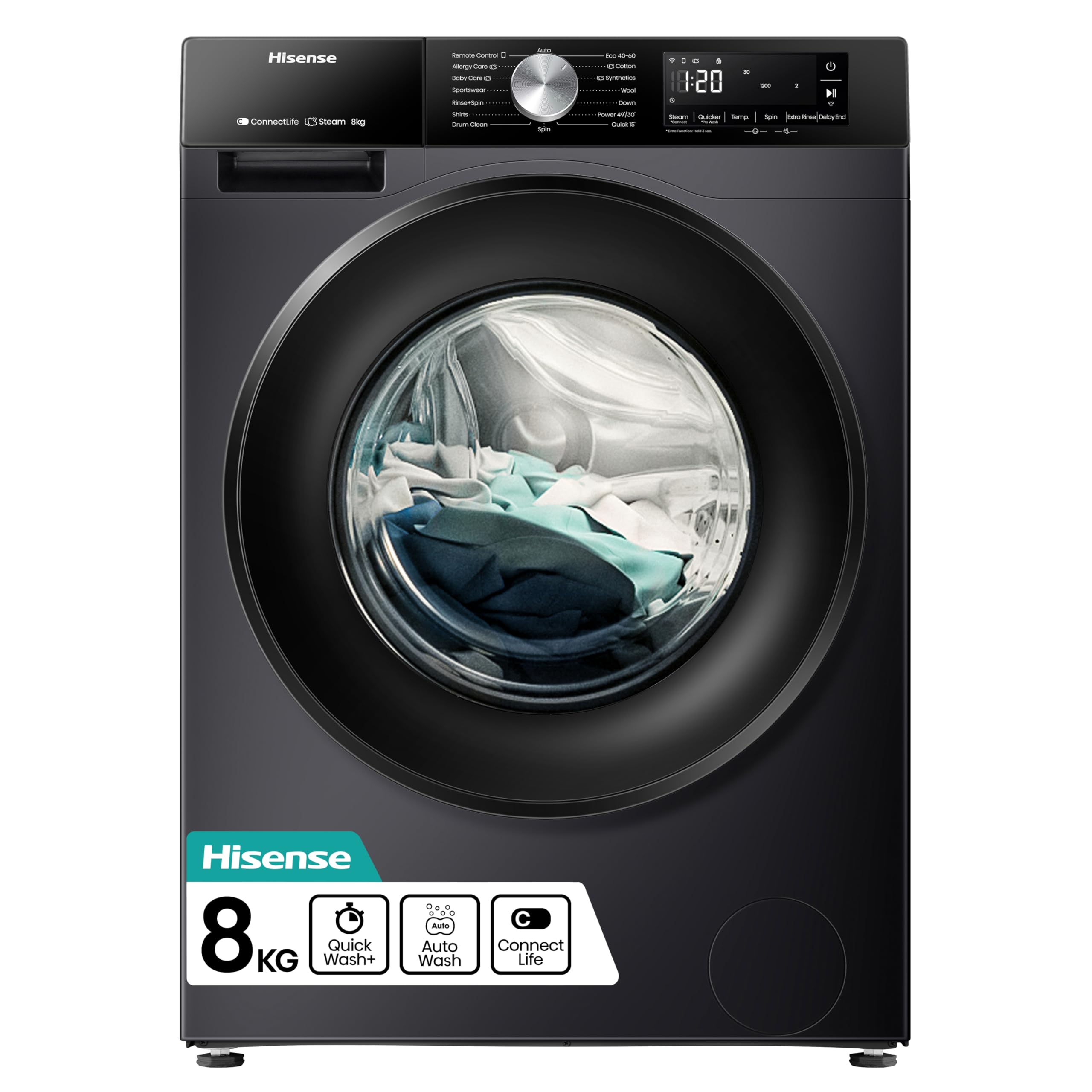 Hisense Hisense 3S WiFi Series WF3S8043BB3 8 KG Front Load Washing Machine Durable Inverter, Steam Wash, Quick Wash, 19 Programmes 1400 RPM White Energy Rating A