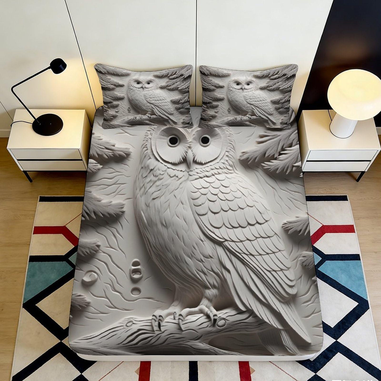 3D Printed Grey Owl Fitted Sheet Microfiber Deep Pocket Non-Slip Owl Mattress Fitted Cover for Bedroom Teens Adults 200x200x25cm 90x200x25cm
