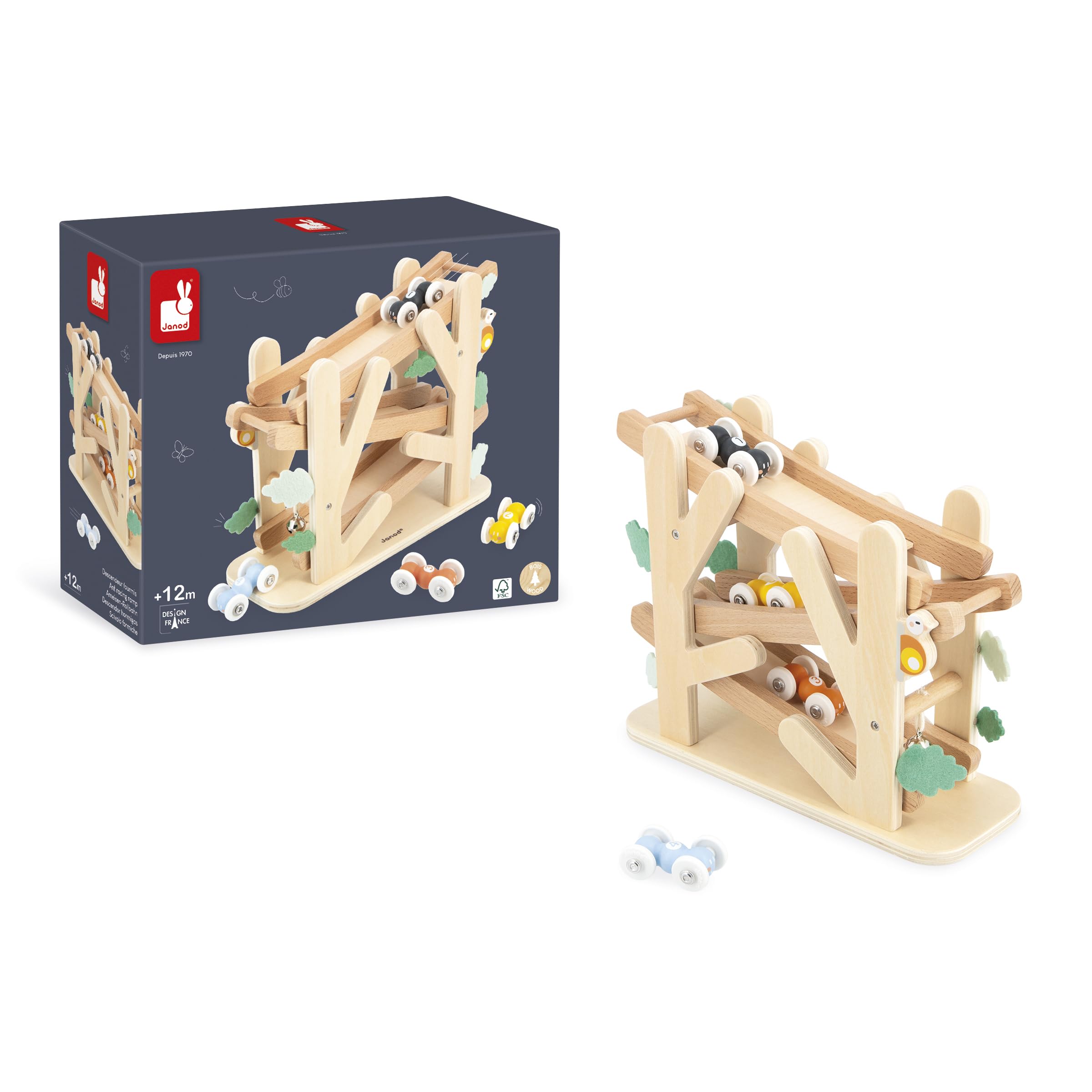 Janod - Descendeur en Bois sur 3 Niveaux- Toboggan des Fourmis avec 4 Voitures incluses - Jouet d'Eveil et Premier Âge - Apprentissage Motricité Fine - Dès 1 an - J04038