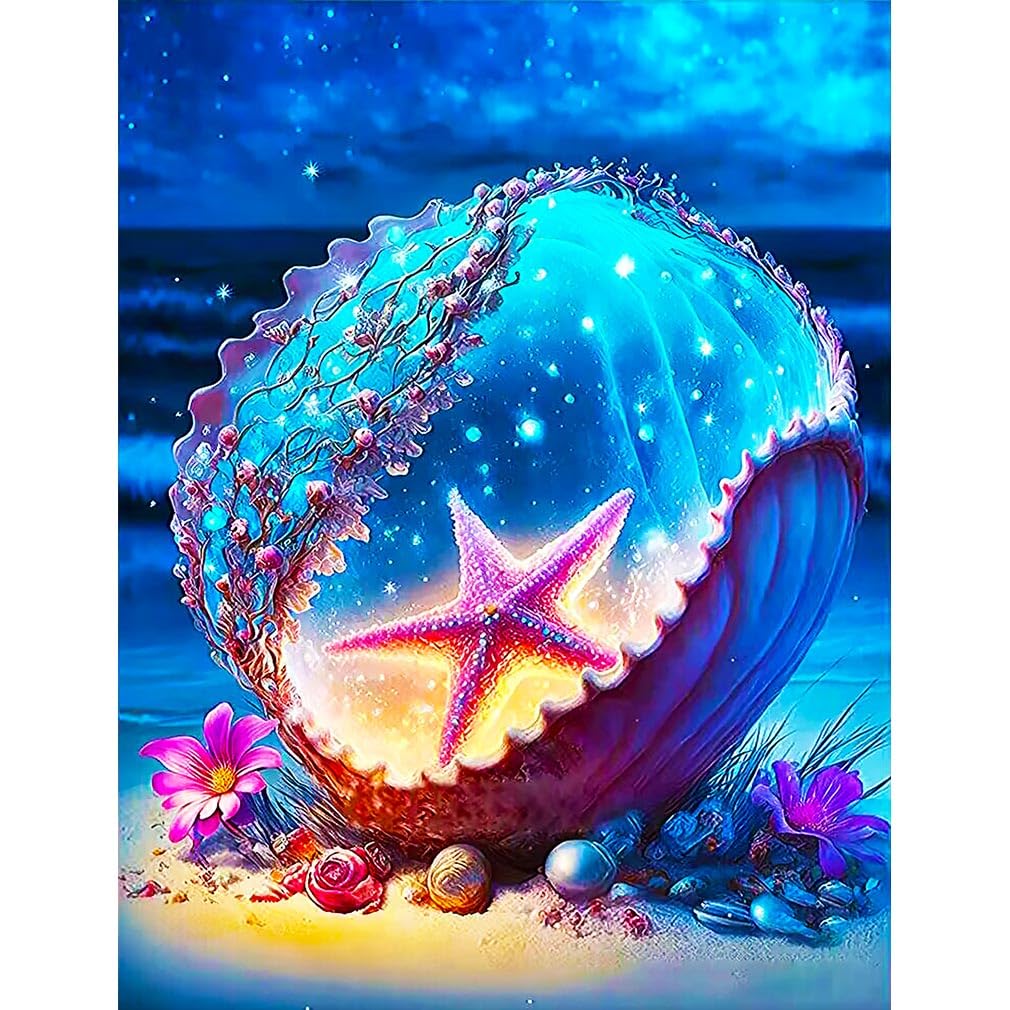 5D Beach Diamond Painting Kits for Adults Beginners,Starfish Seashell Diamond Art Kits,DIY Full Round Drill Starfish Seashell Diamond Dots Gem Art Embroidery Craft Home Wall Art Decor Gift 12X16 inch