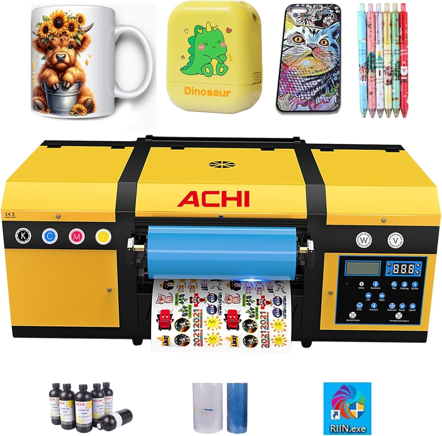 Impresora A3 UV DTF con película AB de 100 M y tinta UV DTF, cabezales de impresión duales XP600, DTF UV 2 en 1 para cuero, vidrio, metal, madera, fundas de teléfono y más