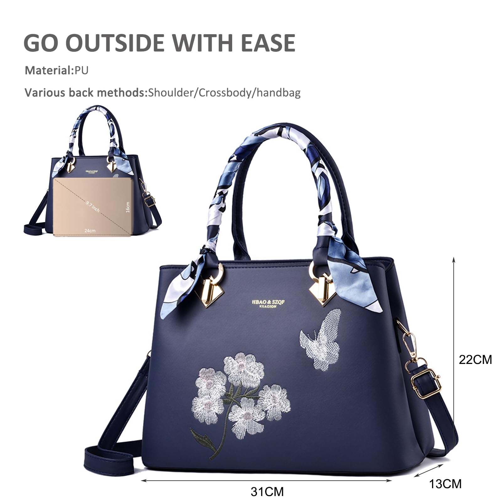 NICOLE & DORIS Sac à Main Femme à la Mode Sac Bandoulière Elégant Sac a Main Porté Epaule PU Cuir Sac D'épaule Impermeable Sac Pochette Avec Fleur Broderie