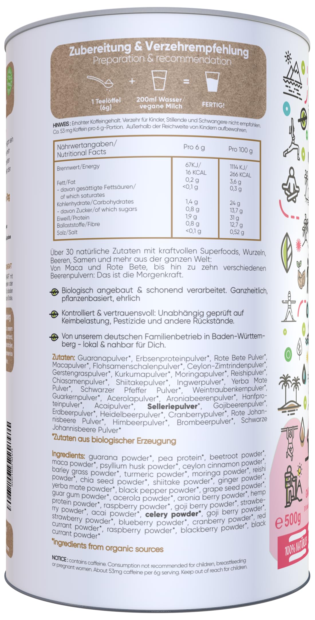BIO Morgenkraft | Smoothiepulver | 500g | DE-ÖKO-006 | Der biologische Wachmacher am Morgen | Über 30 Zutaten wie Beeren, Kurkuma, Guarana und Maca | Premiumqualität vom Bodensee | Made in Germany