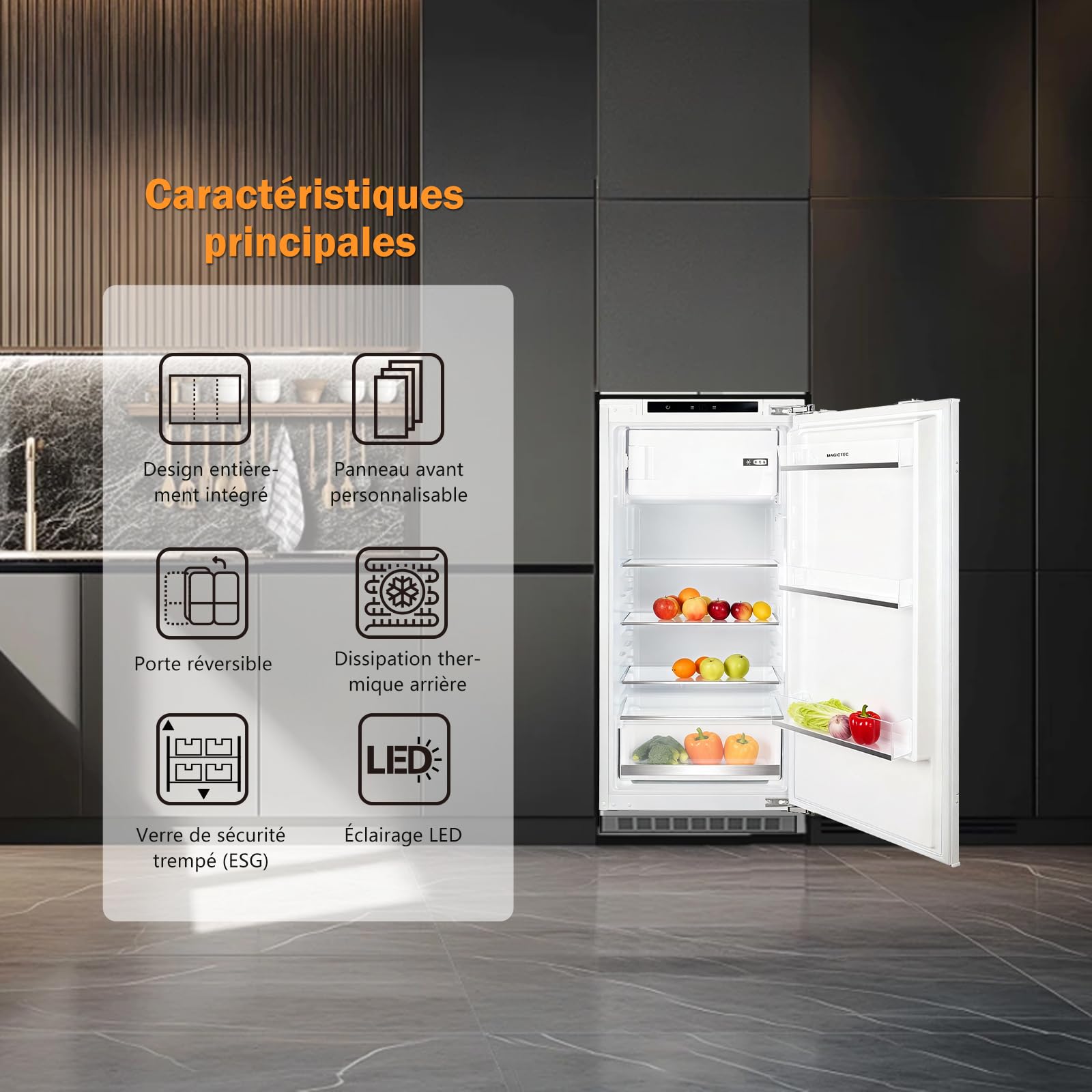 Frigo encastrable 122 cm Réfrigérateur congélateur intégrable 1 porte Réversible | 188L (16L congelateur / 172L refrigerateur) 【 Efficacité énergétique | Ultra silencieux | Est facile à Nettoyer 】